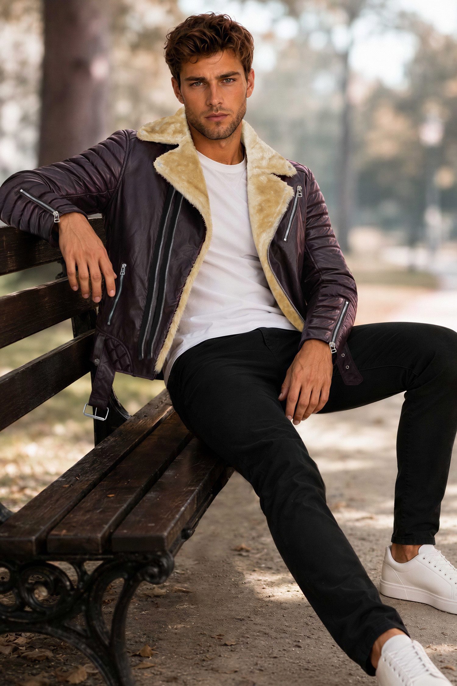 Reichstadt Lederjacke Herren Slim Fit Bikerjacke Black Zipper RS008LUX gefüttert mit Steppmustern – Bild 4 von 5