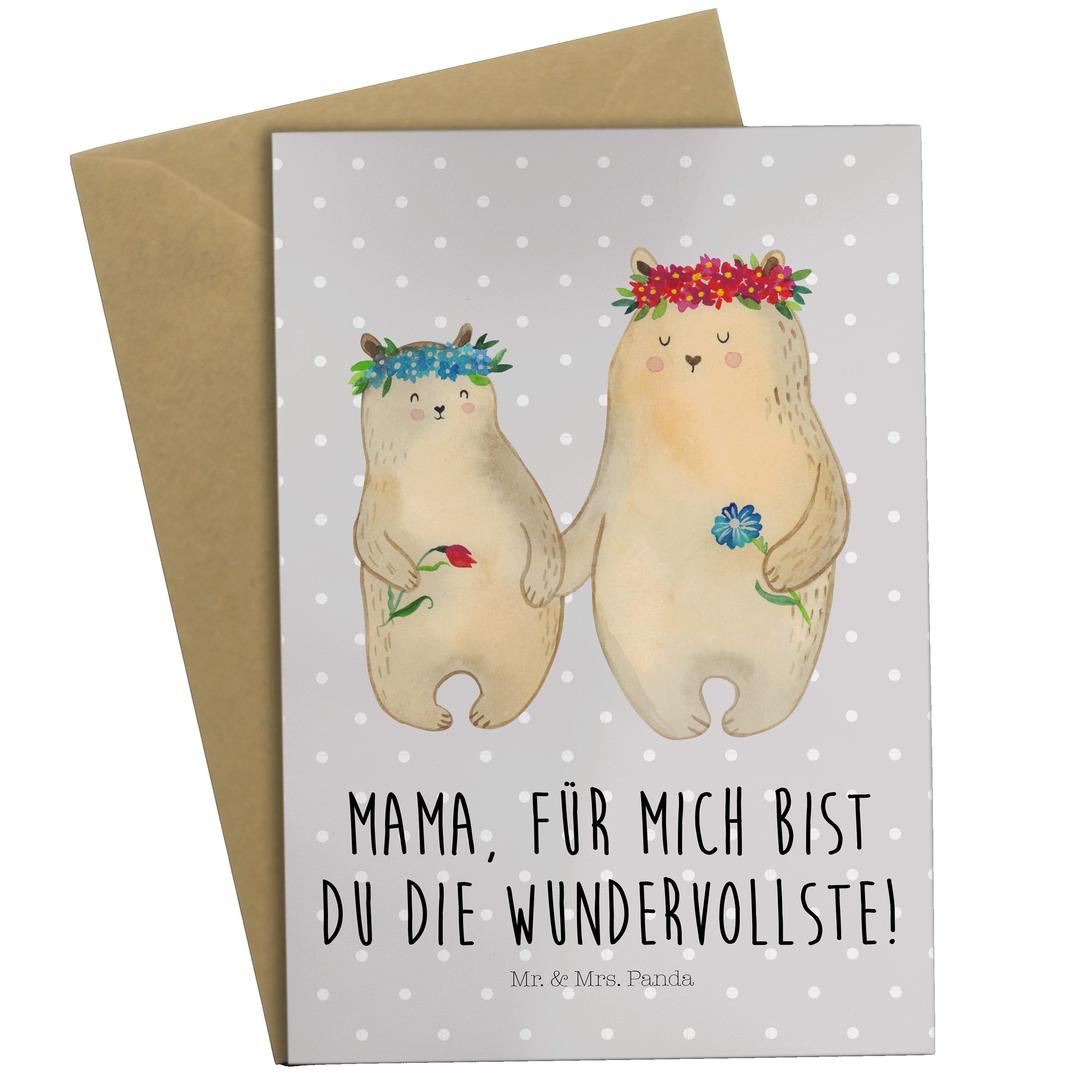 Mr. & Mrs. Panda Grußkarte Bären mit Blumenkranz - Grau Pastell - Geschenk, Freundinnen, Oma, Ma