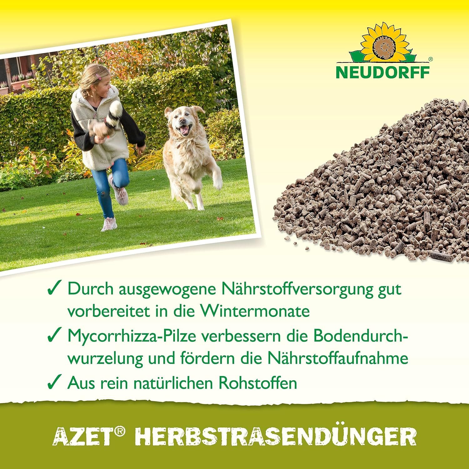 Neudorff Rasendünger Bio Azet HerbstRasenDünger 2,5 kg, sorgt für einen dichten, kräftigen Rasen im Frühjahr, Mikroorganismen beleben den Rasen und beugen Rasenfilz vor