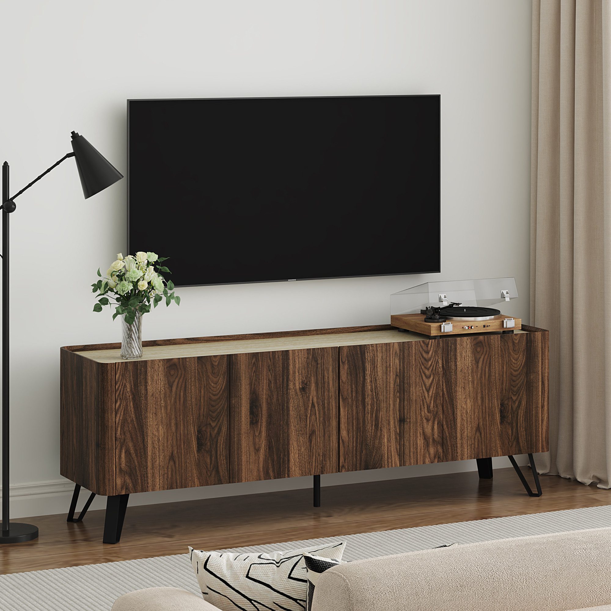 en.casa TV-Schrank »Trorlon« mit 4 Türen 160x40x55 cm Walnussoptik / Travertin