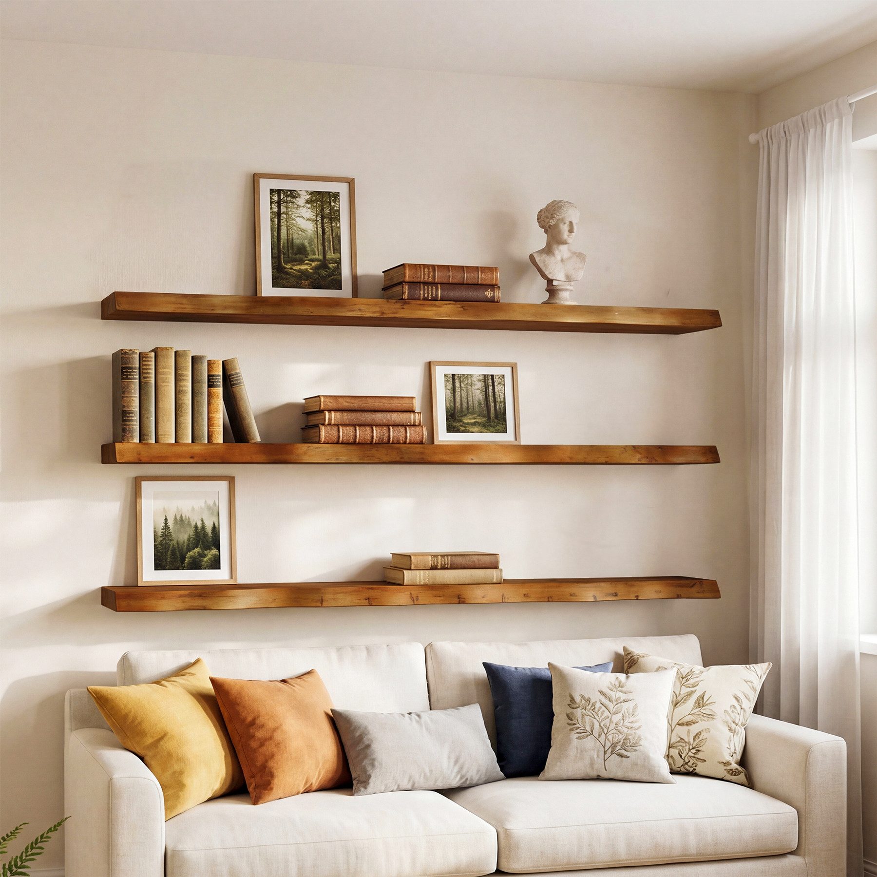 Tribesigns Wandboard 120 cm lange, schwebende Wandregale aus Massivholz, 3er-Set Wandregal, mit Baumkante im Landhausstil für Schlafzimmer, Wohnzimmer, Küche, Büro