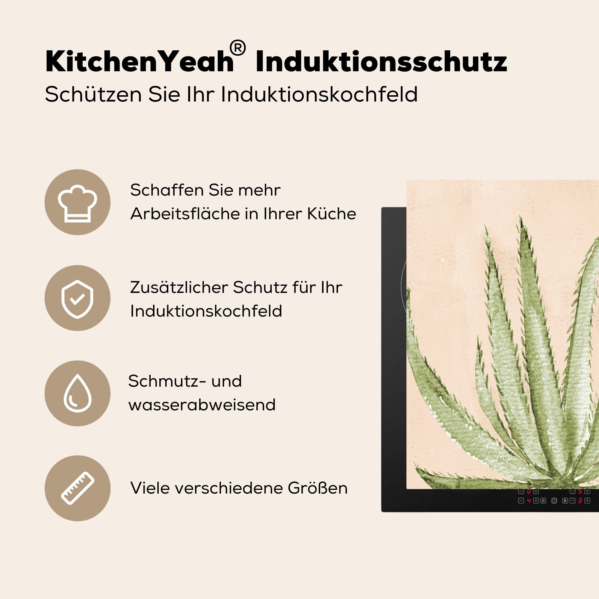 (1 tlg), Botanisch, Ceranfeldabdeckung, Arbeitsplatte Sukkulente küche - Herdblende-/Abdeckplatte cm, MuchoWow Aquarell für Böhmisch - Vinyl, - 78x78