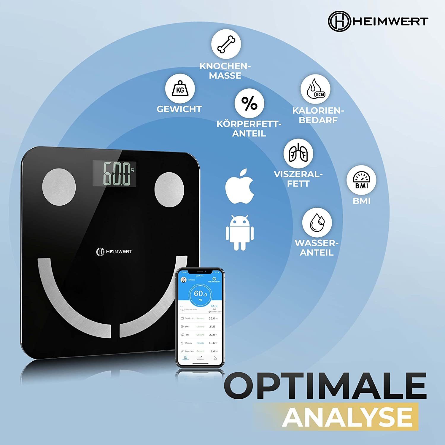 HEIMWERT Körper-Analyse-Waage Personenwaage Körperfett digital, wiederaufladbarer USB Akku, Testsieger Design Waage mit Bluetooth APP – Bild 4 von 5