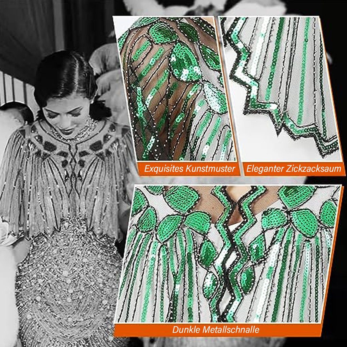 Damen Cover Grün Cape Dreieckstuch Pailletten Perlen Wraps 1920er Jahre Flapper Schal Jormftte