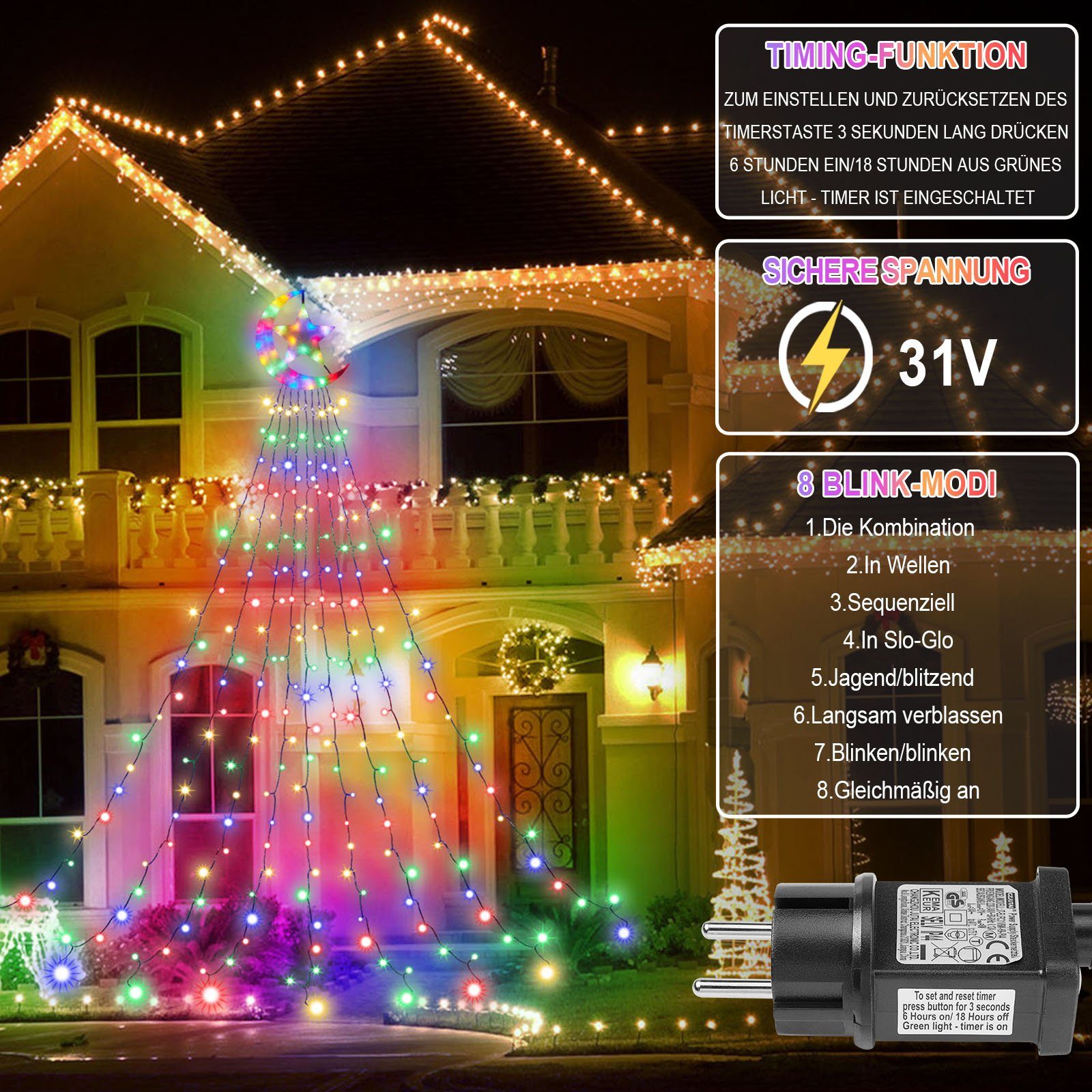 Rosnek LED-Baummantel 3.47M, Deko; Stränge, 8 Mondstern; Modi, Ramadan; Innenhof Dach mit Speicherfunktion; 350-flammig, Multicolor Weihnachten, für 9 Topper Baum Timer, wasserdicht