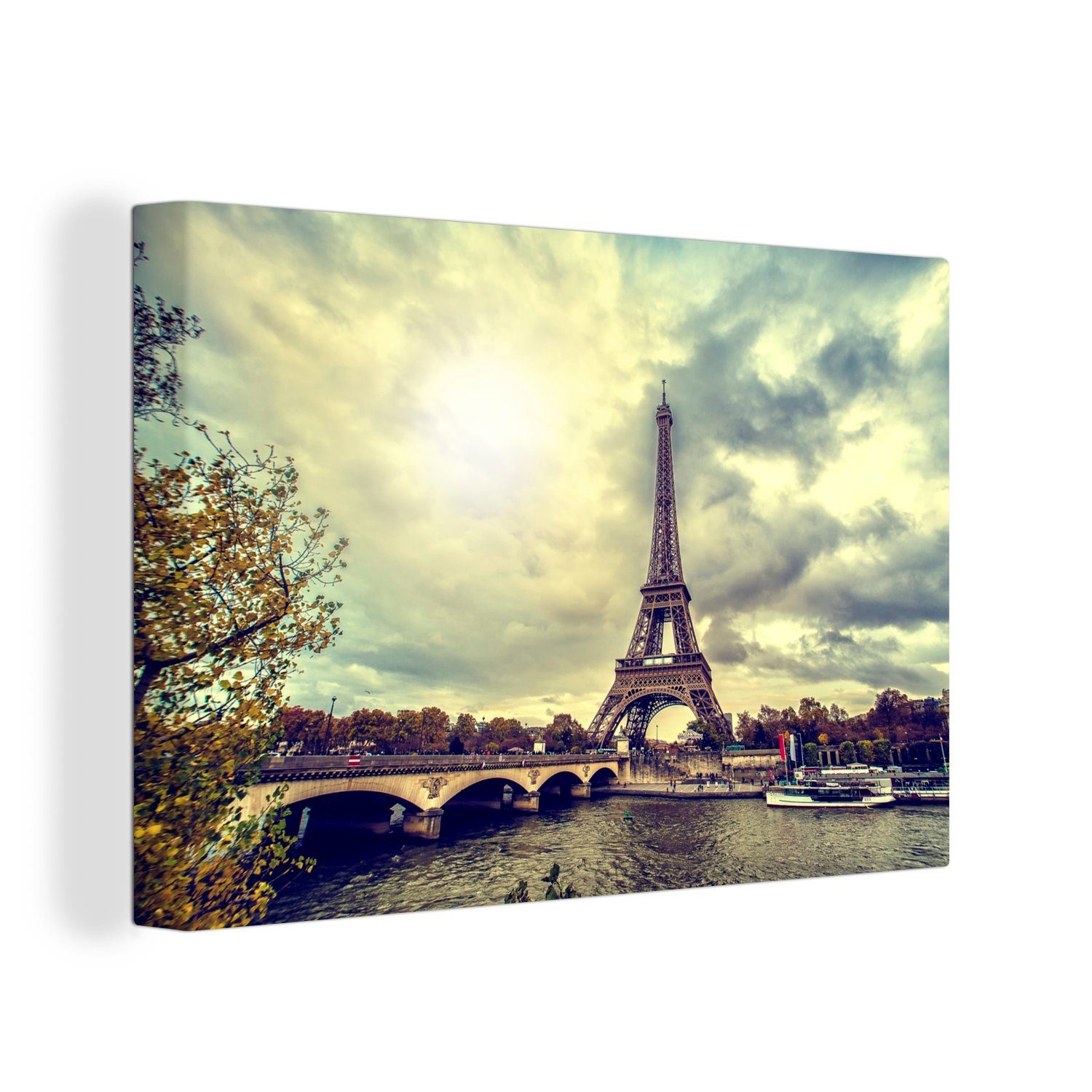 OneMillionCanvasses® Leinwandbild Wasserblick auf den Eiffelturm und Paris, (1 St), Wandbild Leinwandbilder, Aufhängefertig, Wanddeko, 30x20 cm