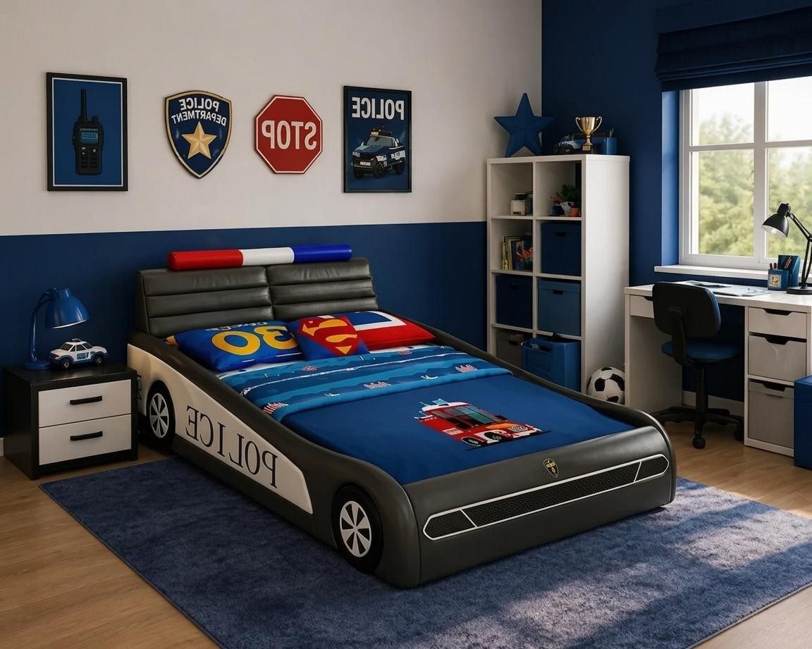 Xlmoebel Autobett Schwarzes LED Polizeiauto Kinderbett aus Holz für Jungen, Made in Europa