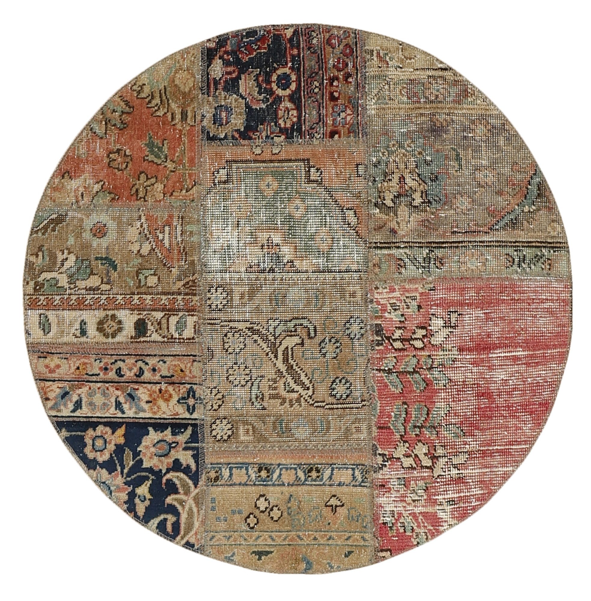 Wohnando Teppich MY-RUG Vintage Patch Work Floral & Ornamentiert 100x100cm, Rund, Höhe: 10 mm, Handgeknüpfter Teppich,Handgesponnene Wolle, mit Naturfarben gegärbt