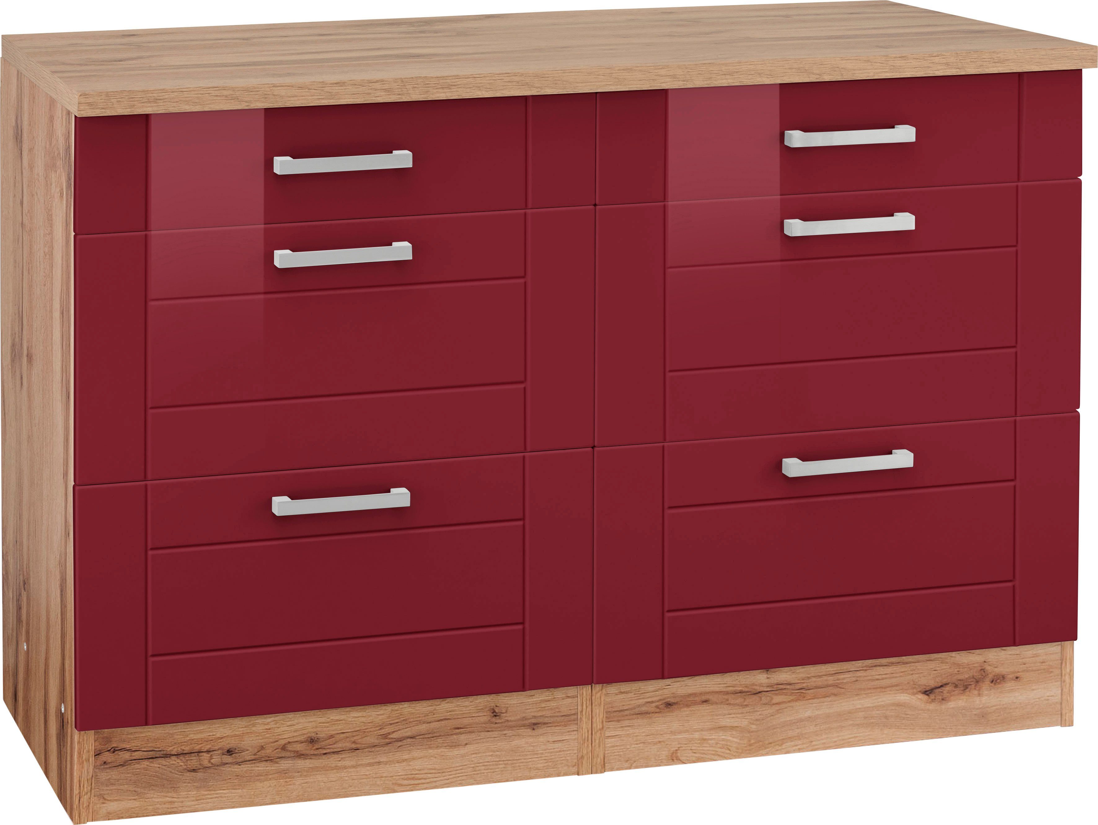 HELD MÖBEL Unterschrank Tinnum 120 cm breit, Metallgriffe, MDF Fronten, mit 2 Schubkästen rot | wotaneiche