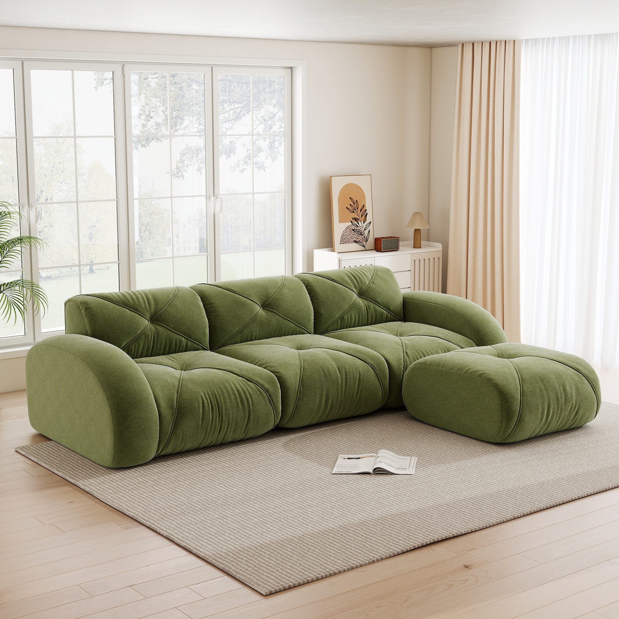 Leawin Sofas Wohnzimmer, Sofa mit Schlaffunktion in L-Form aus Chenille, Modulares 3-Sitzer Sofa mit Fußstütze, rutschfest und montagefrei