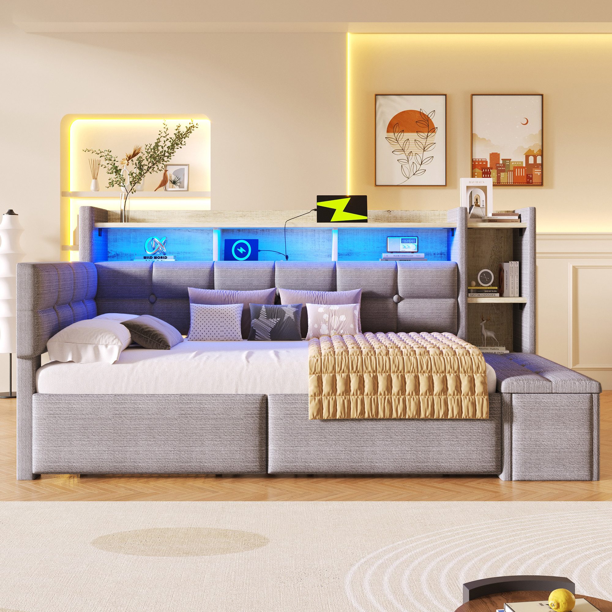 Merax Daybett mit LED Lichtleiste, USB & Typ-C, Samt (Schlafsofa Sofabett Jugendbett Kinderbett, 1 tlg), Tagesbett 90x190cm mit 2 Schubladen,Ablagefach,Stauraumbank am Fußende