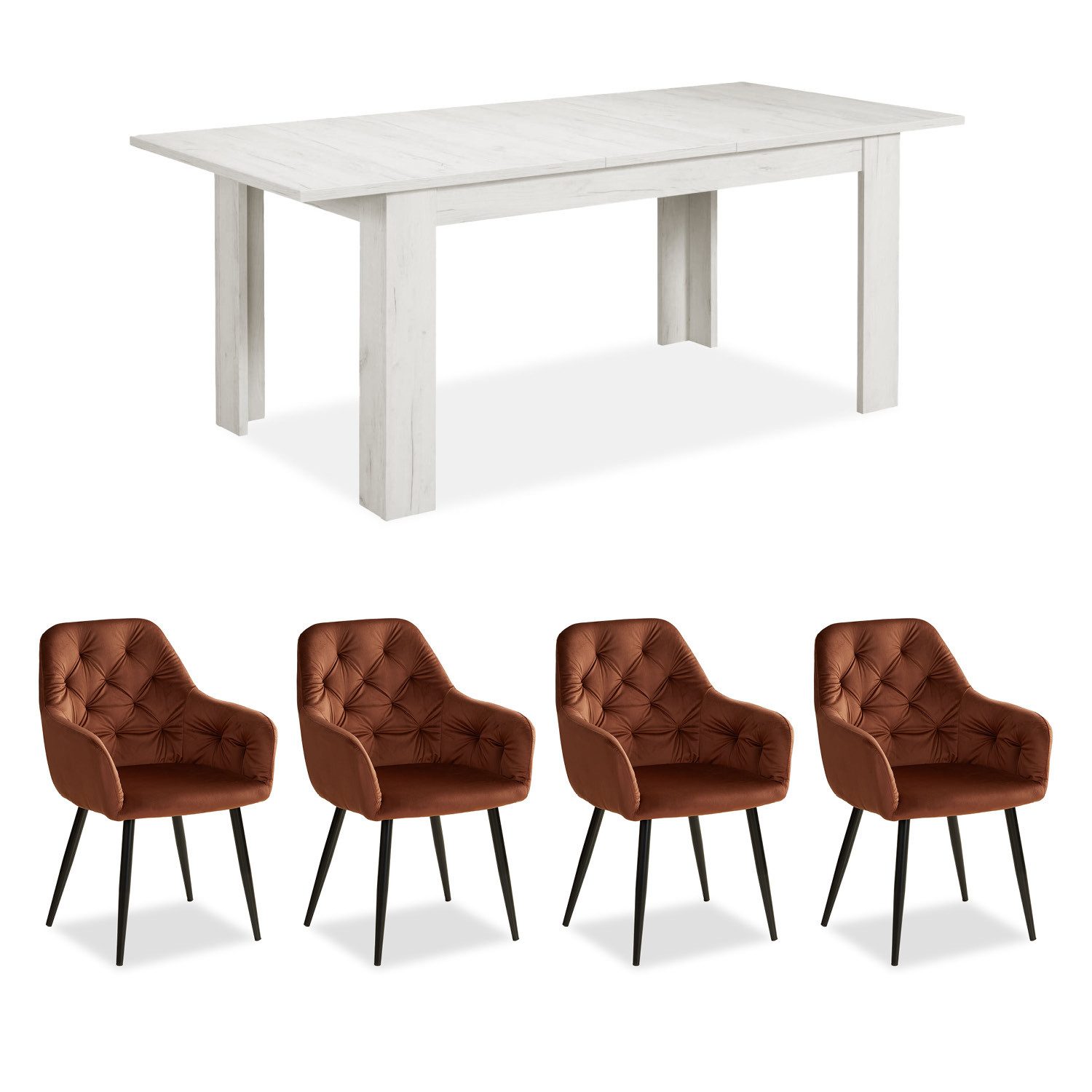 Homestyle4u Essgruppe Esstisch 90x160 bis 90x200 erweiterbar mit 4 Stühle Braun Samt Weiß, (Set, Esszimmergruppe 5 teilig, 5-tlg., Esszimmergruppe 5 teilig, Set/Komplettset), Shabby