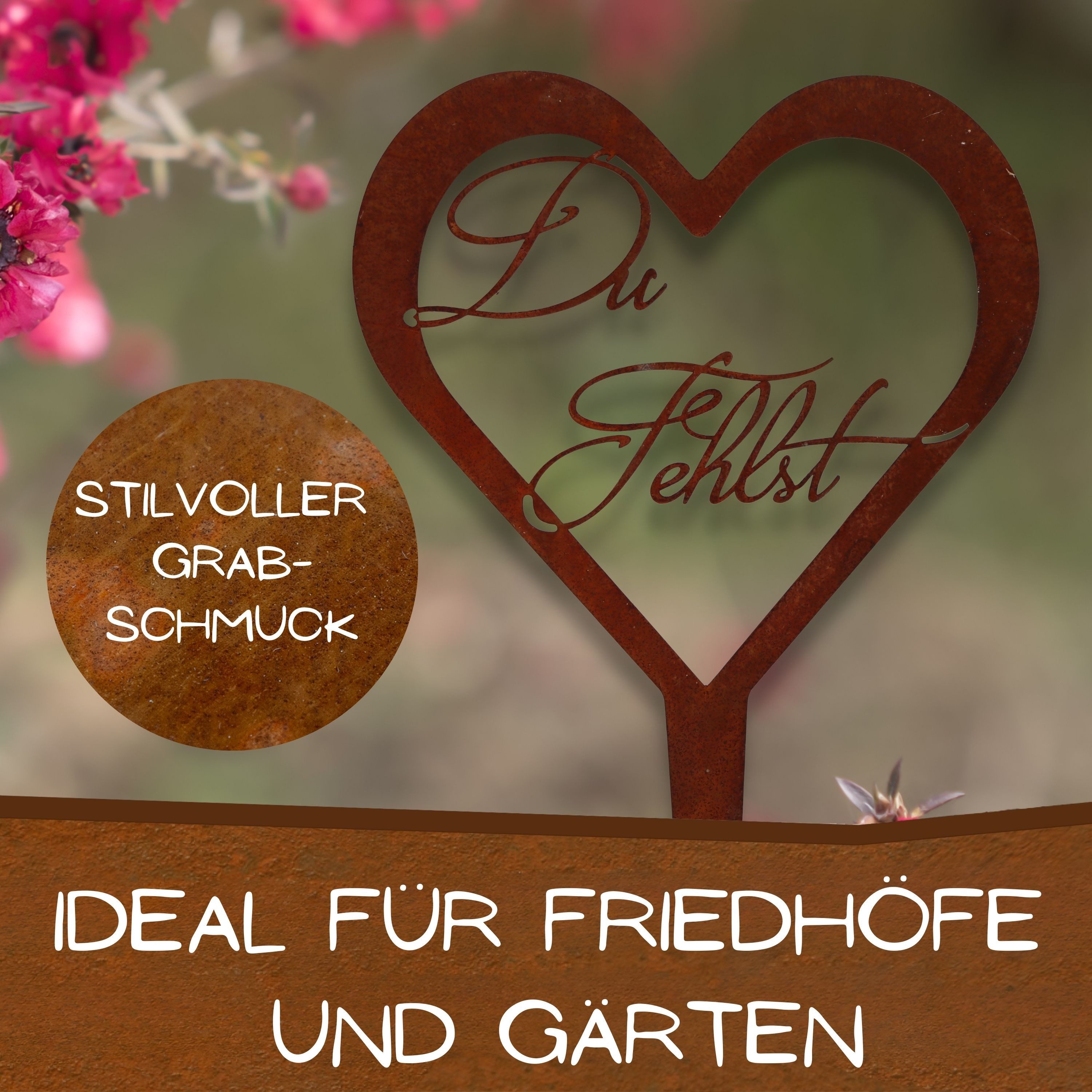 Rostikal Metallschild Grabschmuck Herz - Grab Deko mit Gravur Du Fehlst / Unvergessen – Bild 5 von 5