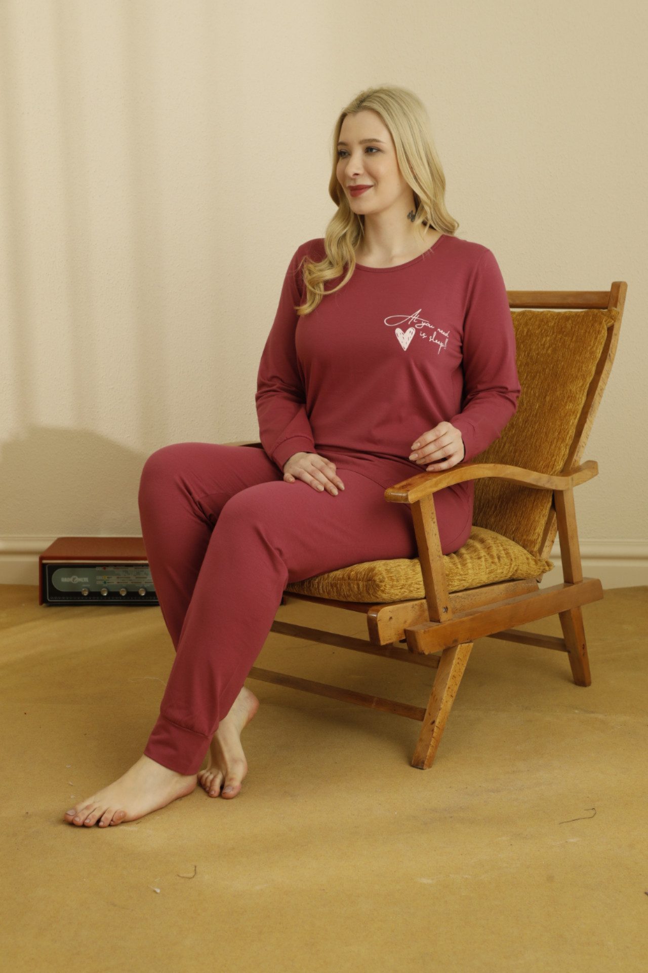 SEXEN (Siyah Inci) Pyjamahose Große Größen Pyjama – Langarm, Herzmotiv, Bordeaux