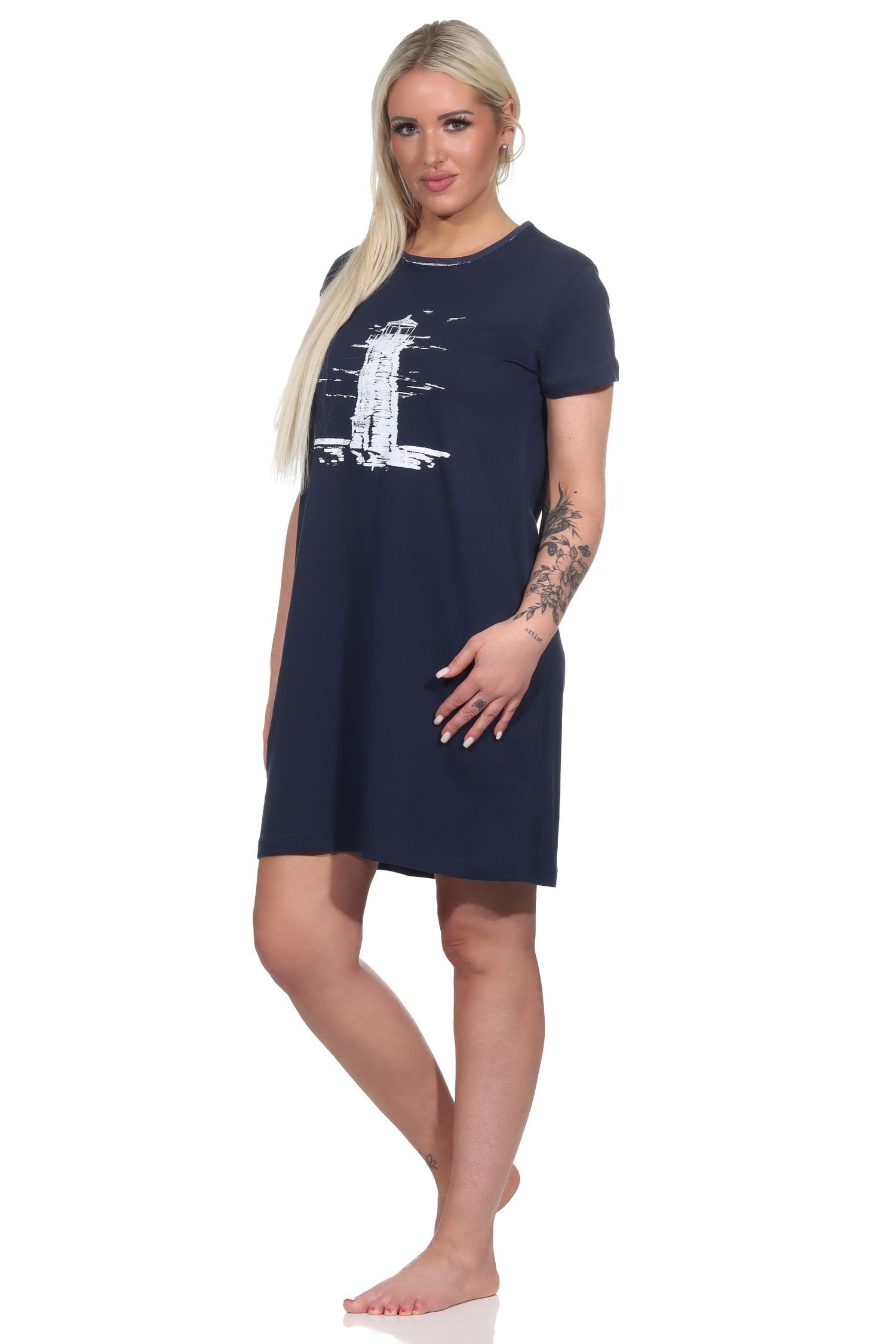 Normann Nachthemd Maritimes Motiv Damen mit Leuchtturm marine kurzarm Nachthemd