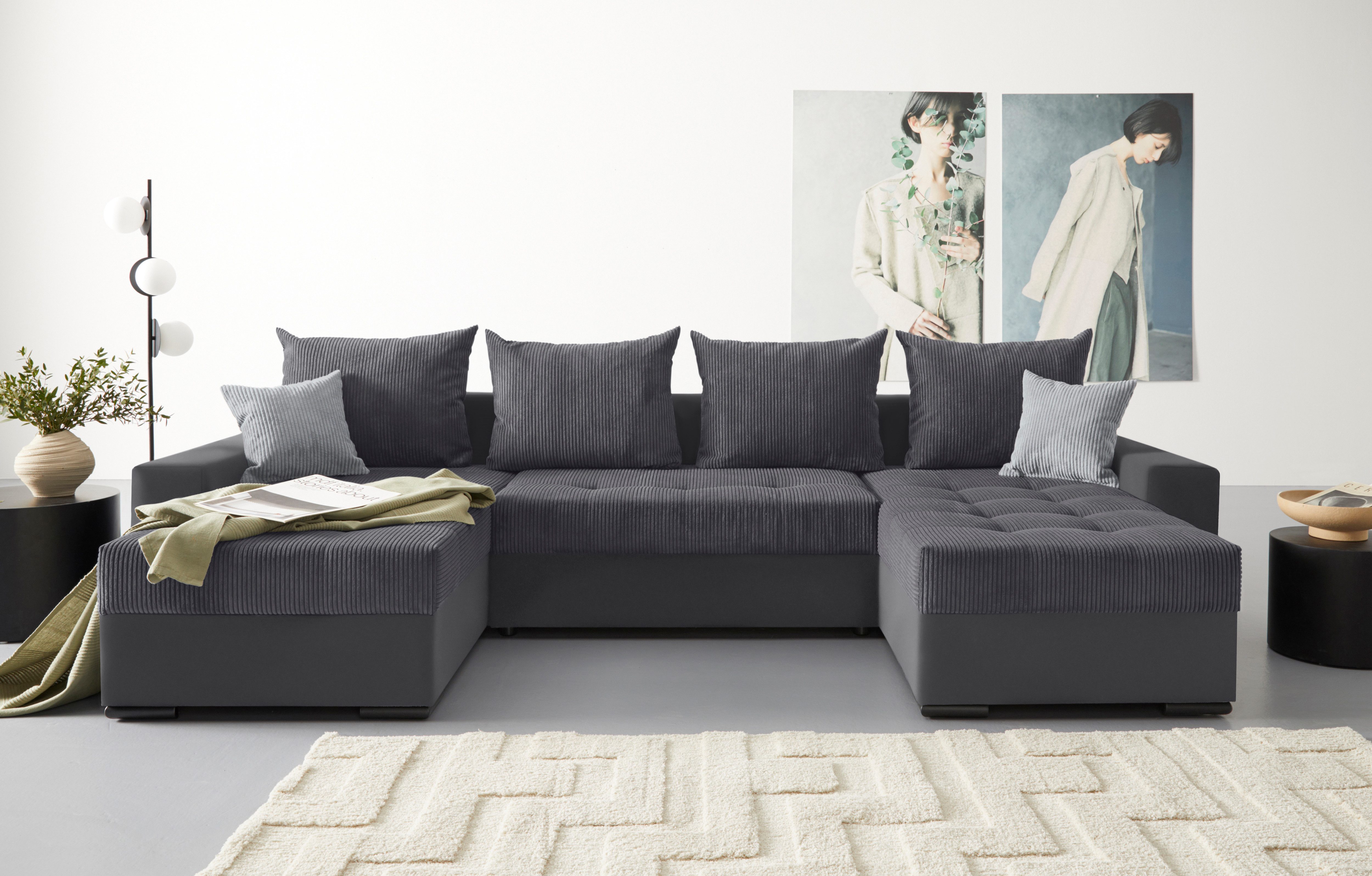 COLLECTION AB Wohnlandschaft Josy XL U-Form, B: 313 cm in Cord, Cord-Mix, mit Bettfunktion, Bettkasten & 2 Zierkissen, Federkern