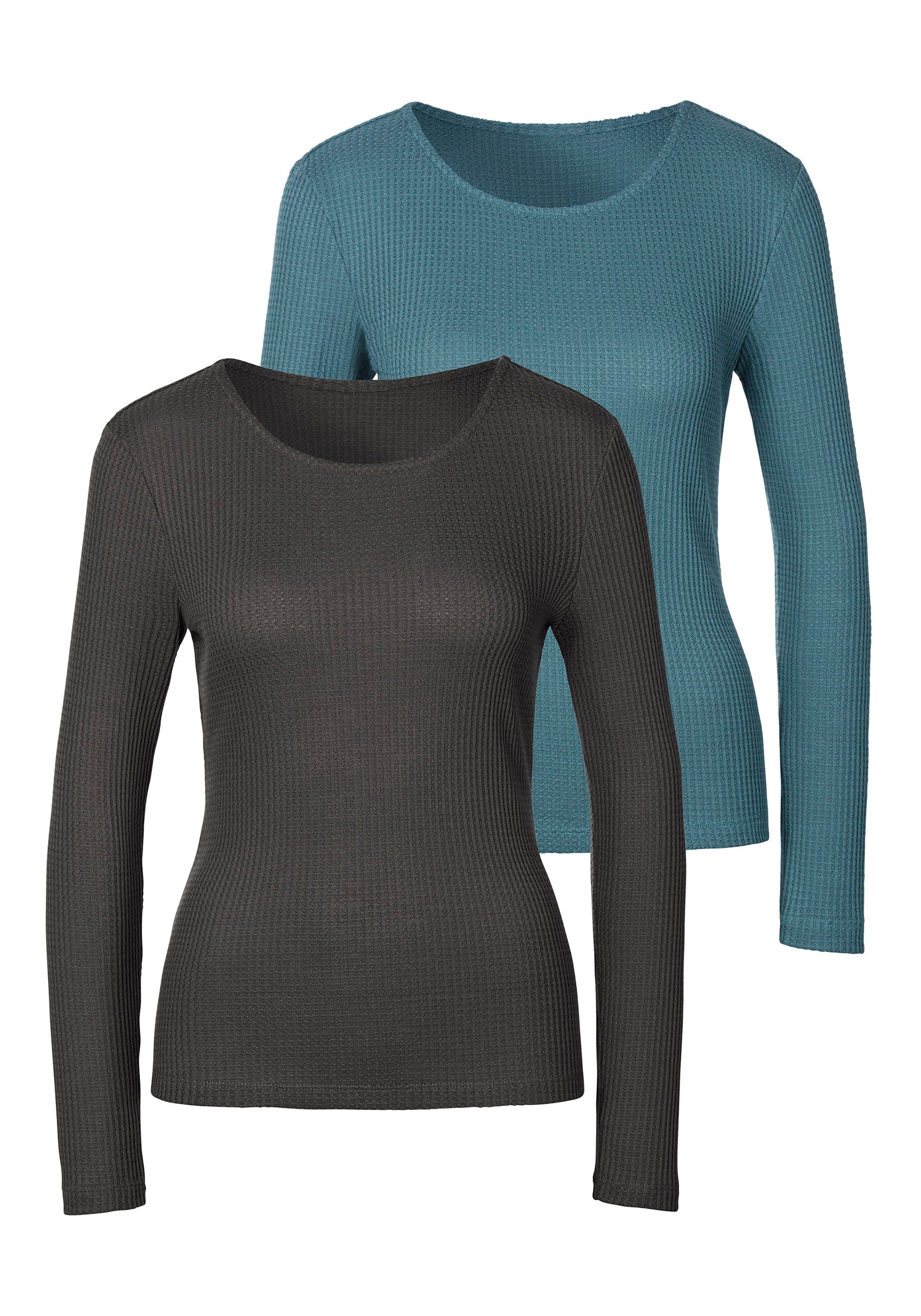LASCANA Langarmshirt in modischer Piqué-Optik (2er-Pack) aus weicher Qualität mit Viskose