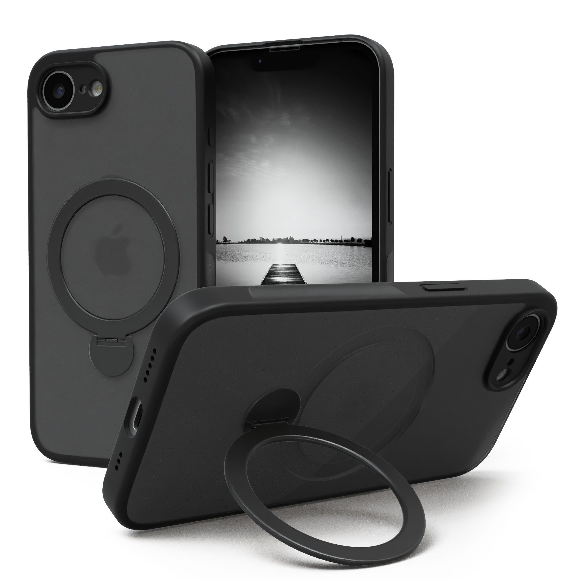 EAZY CASE Handyhülle Outdoor iPhone 16e Case MagSafe Rotation Ring 6,1 Zoll, Outdoor Handy Hülle Bumper Schutzhülle Slim mit Kameraschutz Schwarz
