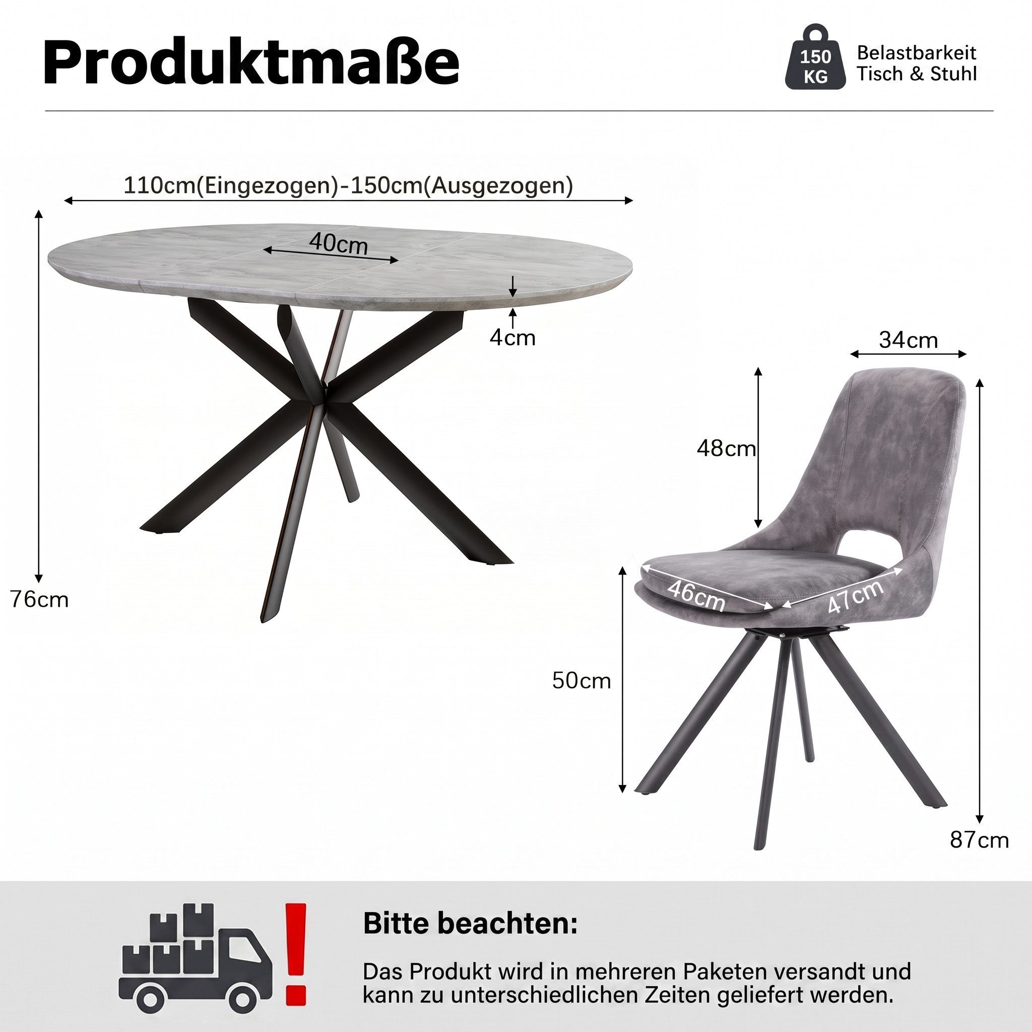 Jiexi Essgruppe Essgruppe rund ausziehbar zu oval MDF Tisch mit Flanell Stühlen