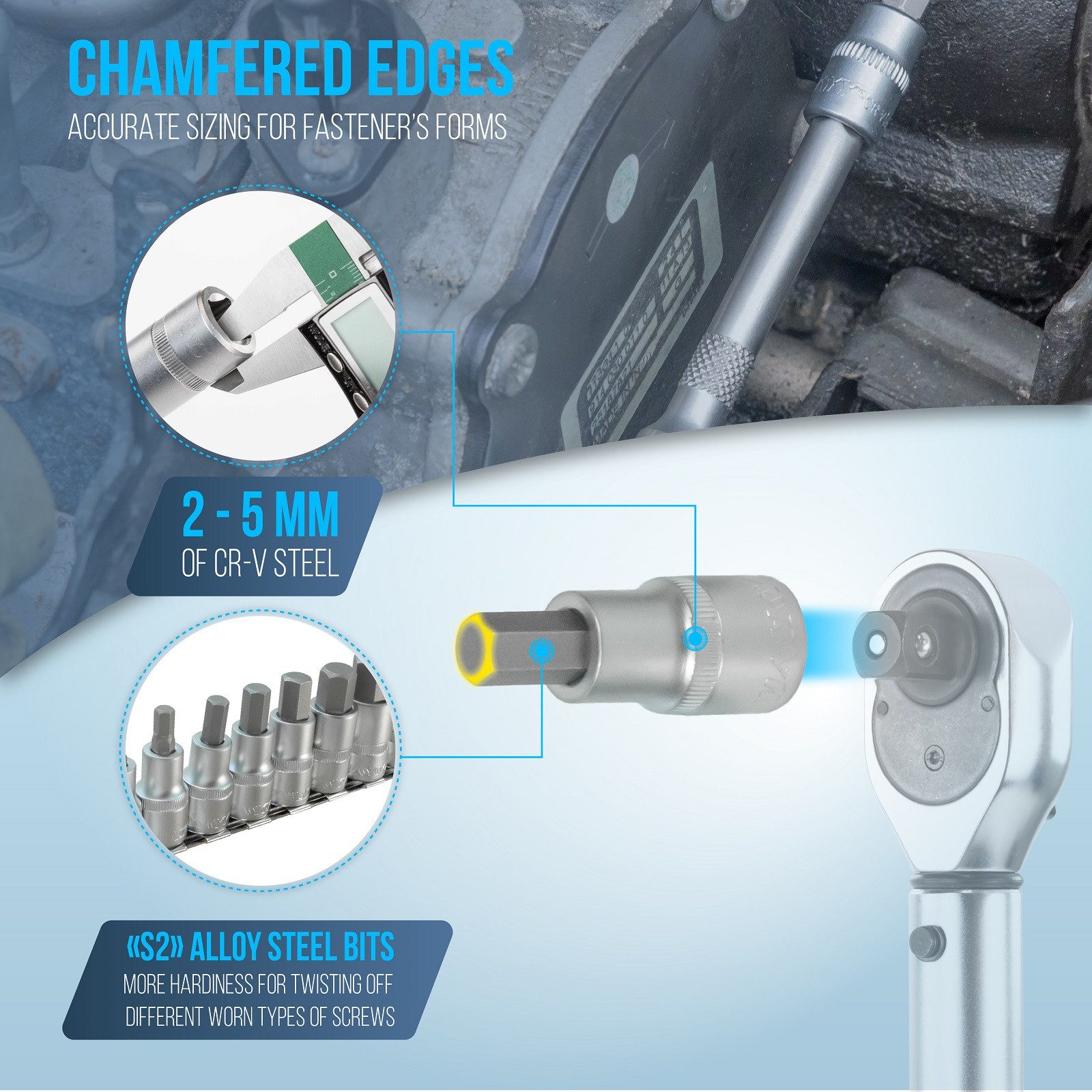 HASKYY Innensechskantschlüssel H4-H19 Innen-Sechskant-Satz Nüsse 1/2" Stecknüsse-Set Bits Bit Schlüss