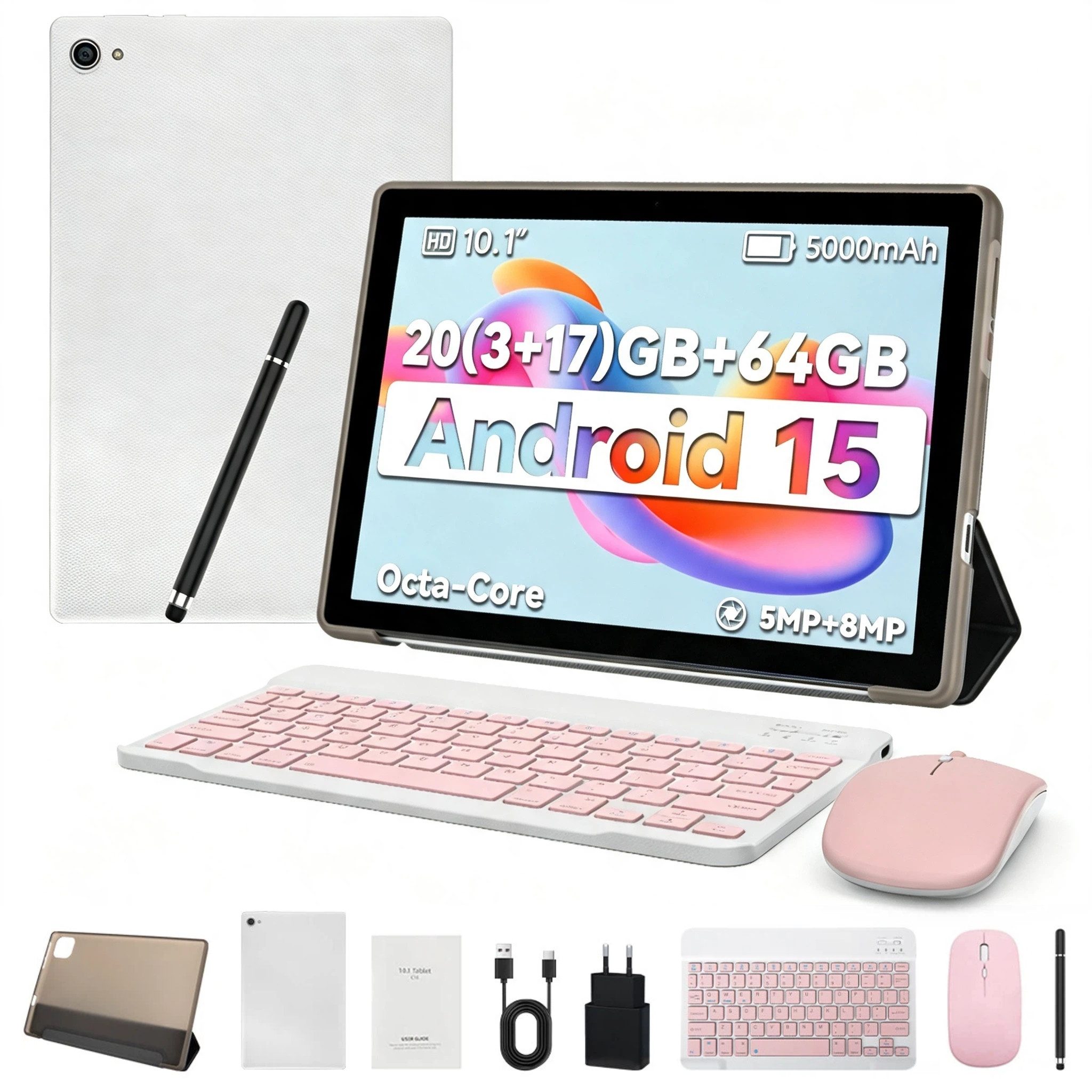 BUFO 10,1 Zoll 64GB erweiterbar auf 1TB mit Maus, Tastatur und Stylus Tablet (10", 64 GB, Android 14, 2,4G/5G WiFi, Android 14, 5000mAh, Gesichtsentsperrung, 1280x800 HD IPS)