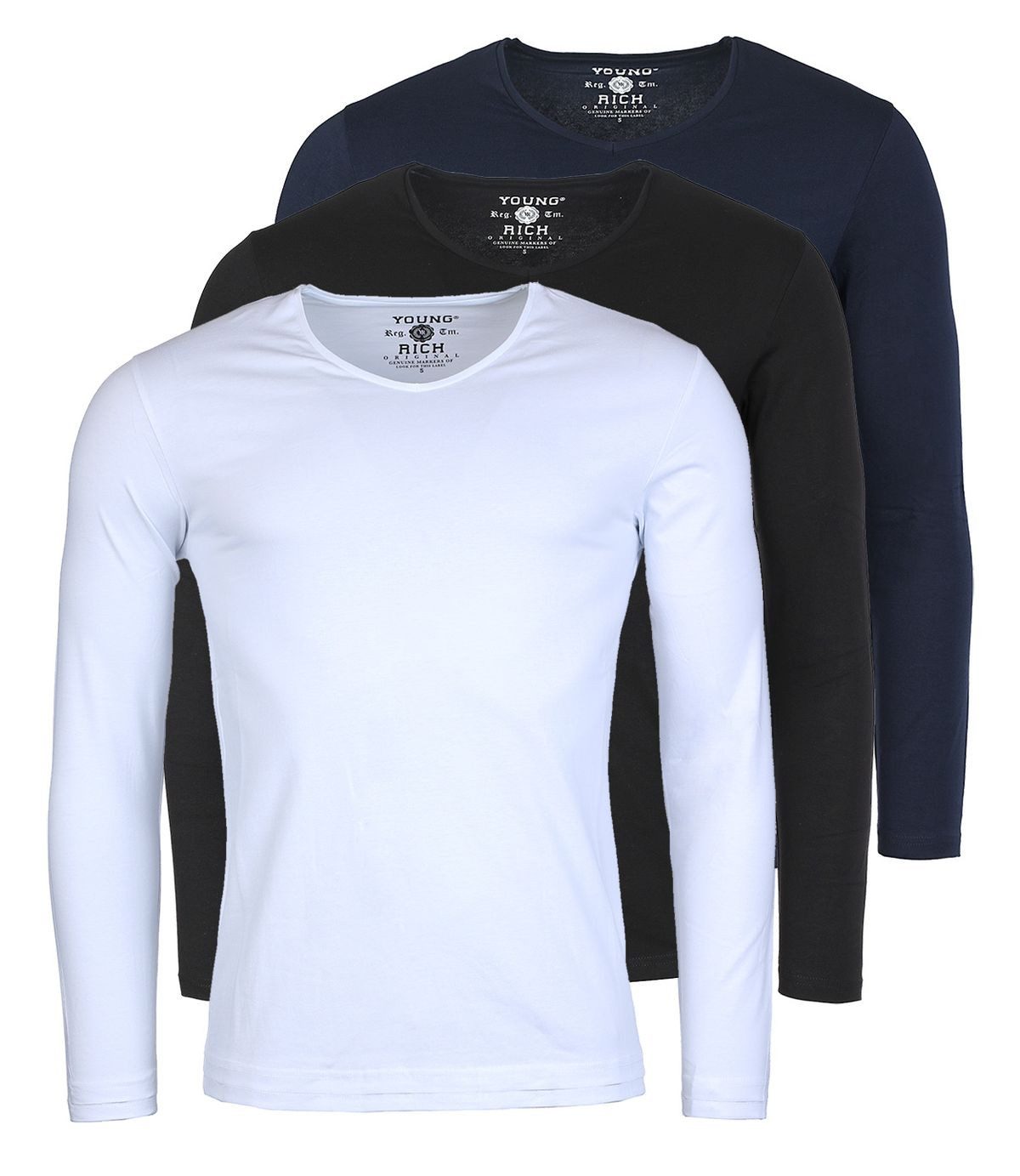 Langarmshirt Herren Uni Basic Longsleeve V-Ausschnitt Unterziehshirt 2001 3er Pack