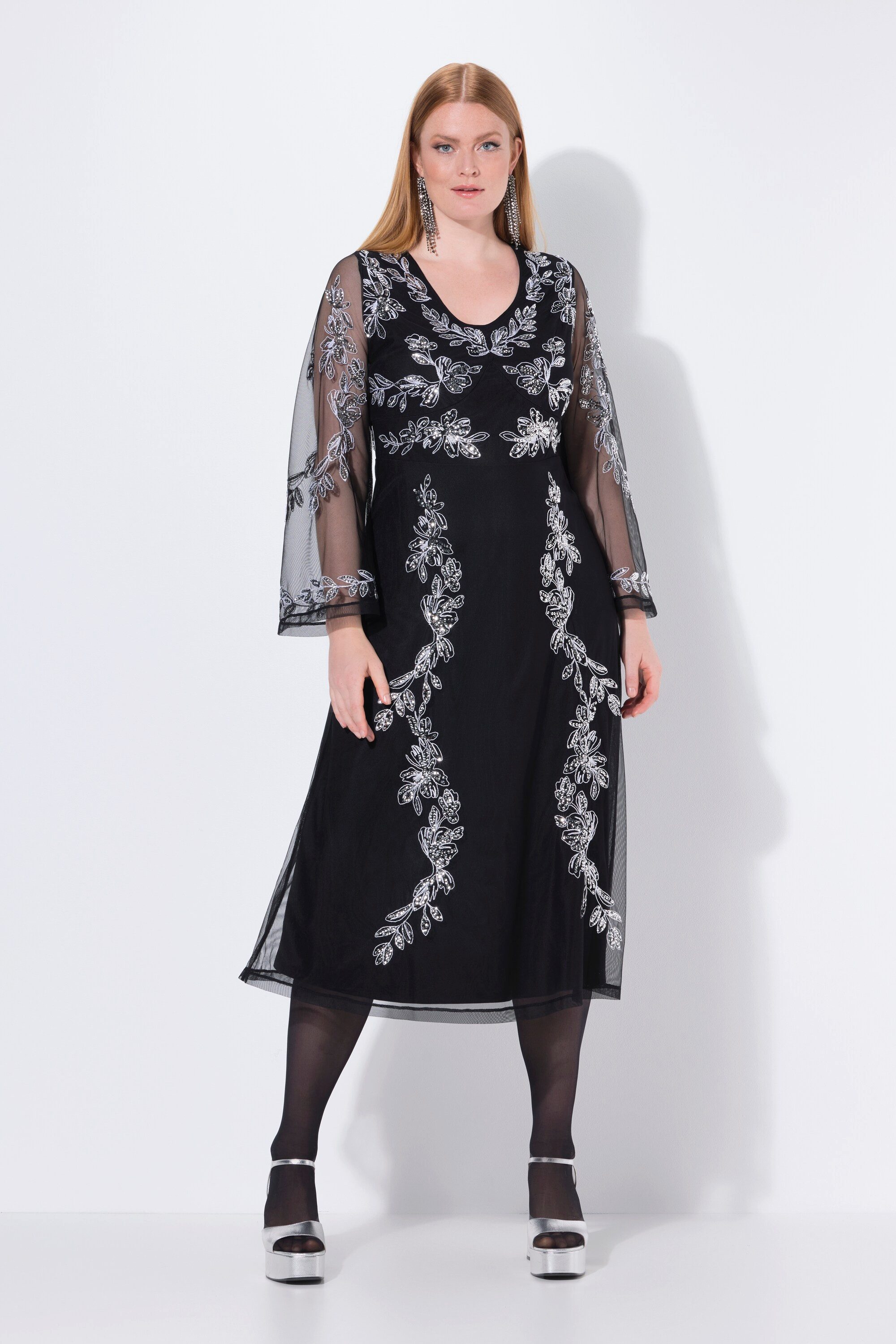 Ulla Popken Maxikleid Abendkleid Stickerei V-Ausschnitt Langarm günstig online kaufen