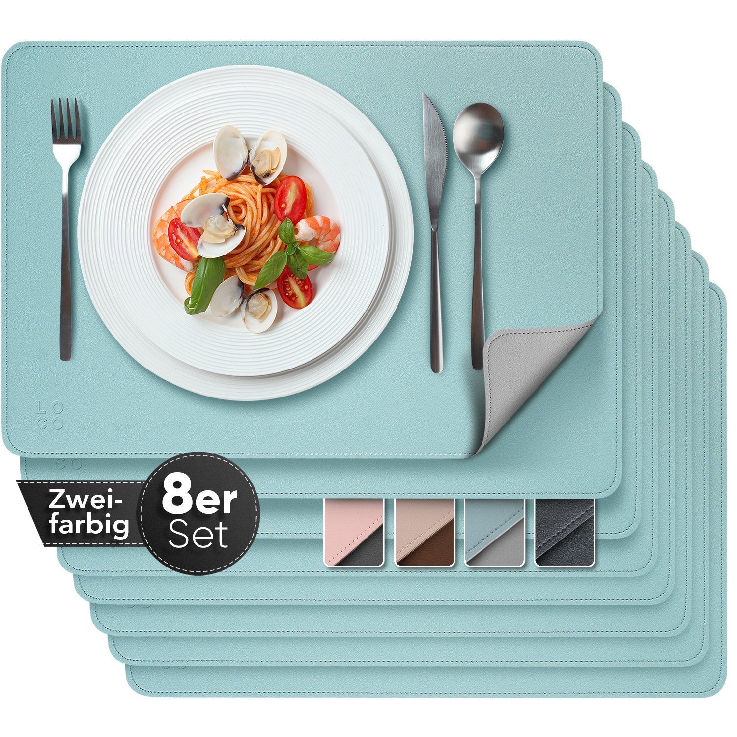 Loco Bird Platzset aus Kunstleder, 8er Set Zweifarbig, 43x30cm Lederoptik, abwischbare Platzdeckchen Kunstleder