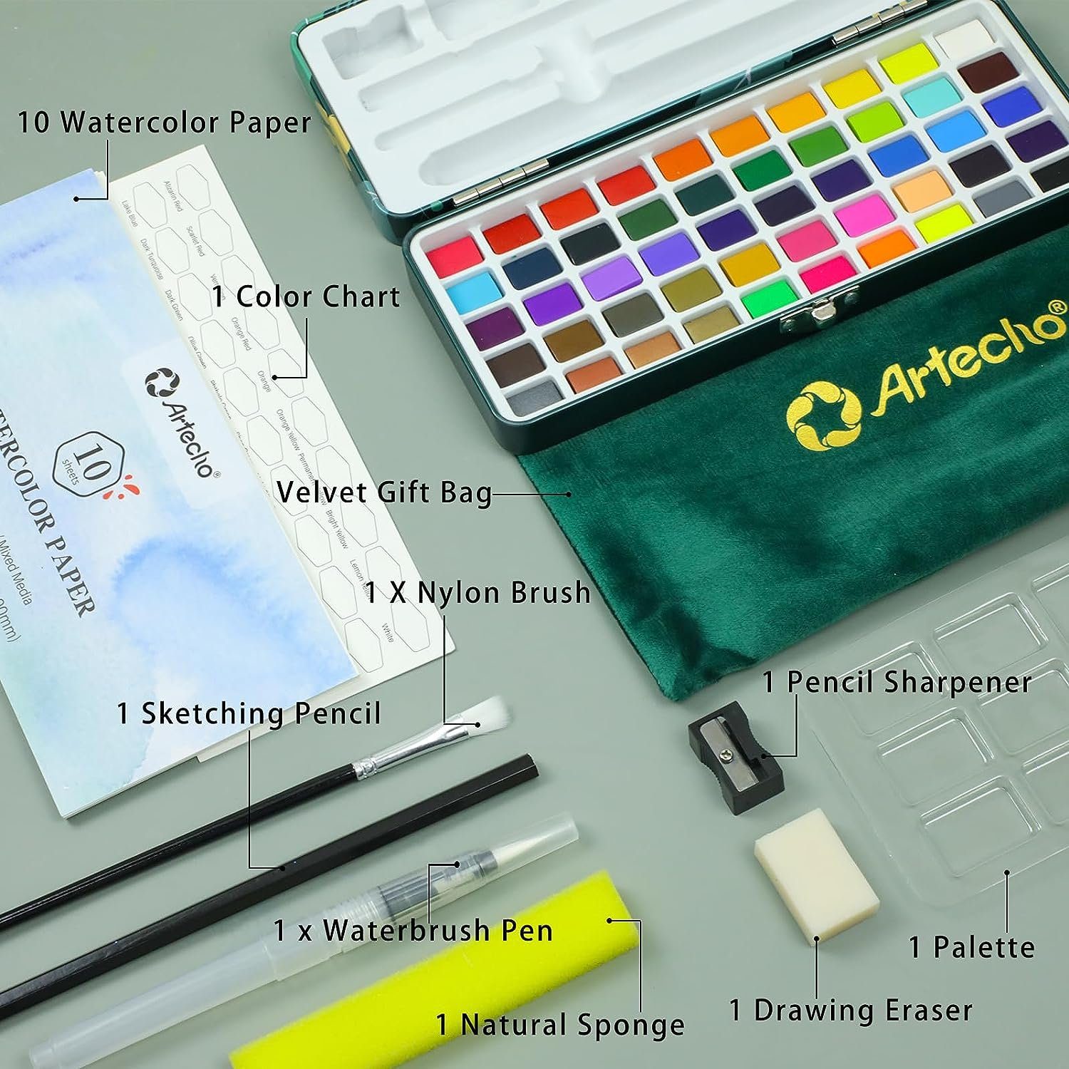 Artecho Aquarellfarbe Set – 24 / 50 / 100 / 128 Wasserfarben mit Aquarellpapieren & Pinseln, - egal ob unterwegs, Zuhause, in der Schule - für Anfänger und Profis