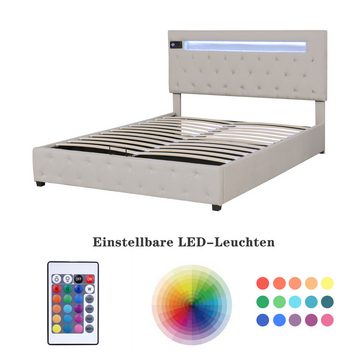 Welikera Polsterbett 140x200cm Polsterbett,Plattformbett mit Stauraum,Bluetooth-Player, LED-Beleuchtung,aufladen USB,Verstellbares Kopfteil,Beige/Grau