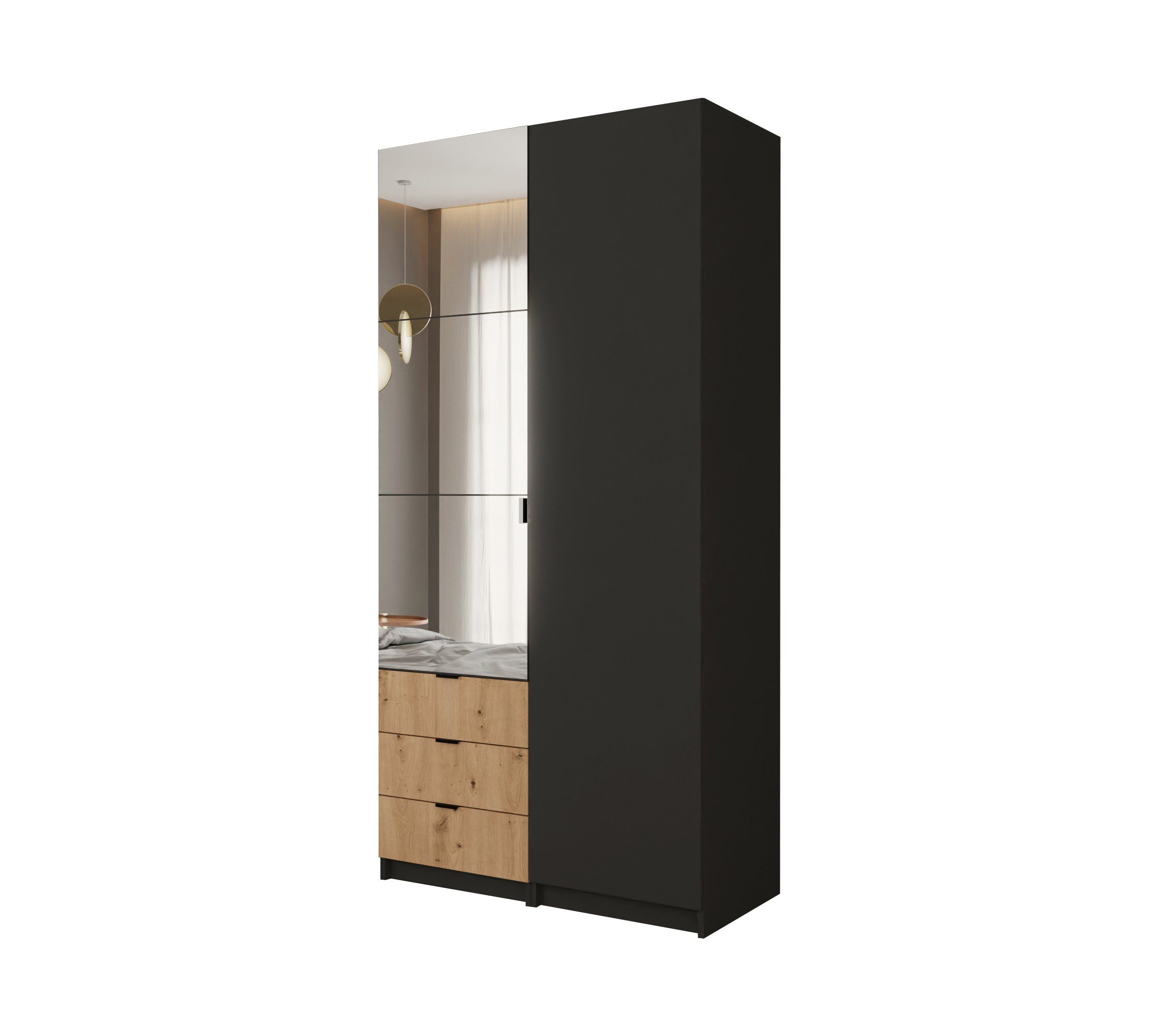 MOEBLO Kleiderschrank XANO 100 (Drehtürenschrank mit Schubladen 2-türig Schrank Garderobe Schlafzimmer Schrank mit Latten aus Holz / Holzlatten, mit Spiegel und Schubladen) (B x H x T):100cm x 216cm x 57cm