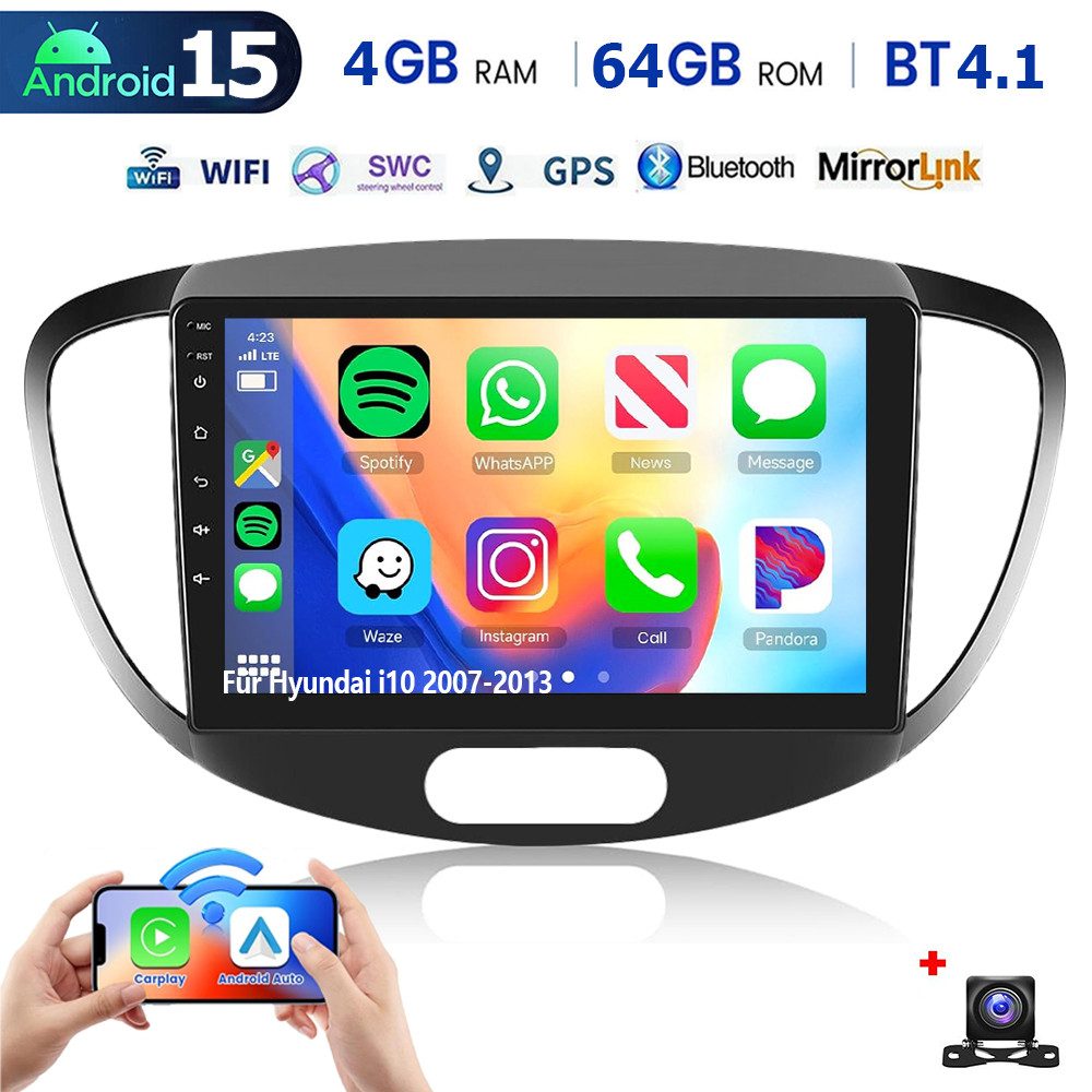 ESSGOO 64G Android 15 Autoradio für Hyundai i10 2007-2013 Carplay Navi GPS BT Autoradio (RDS, FM, AM, DAB+ (optional), ASP, Wireless Apple Carplay & Android Auto,2 DIN,4+64GB(optional)