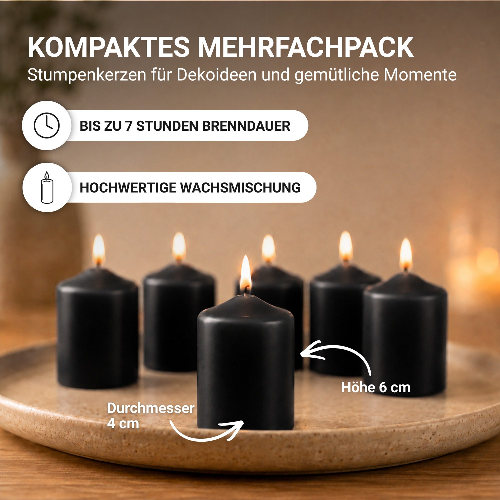 HS Candle Stumpenkerze Set kompakt und unparfümiert, Ø4cm x H6 cm (6-tlg., Dekolicht), bis zu 7h Brenndauer je Kerze, Wachsmischung, Made in EU – Bild 2 von 5