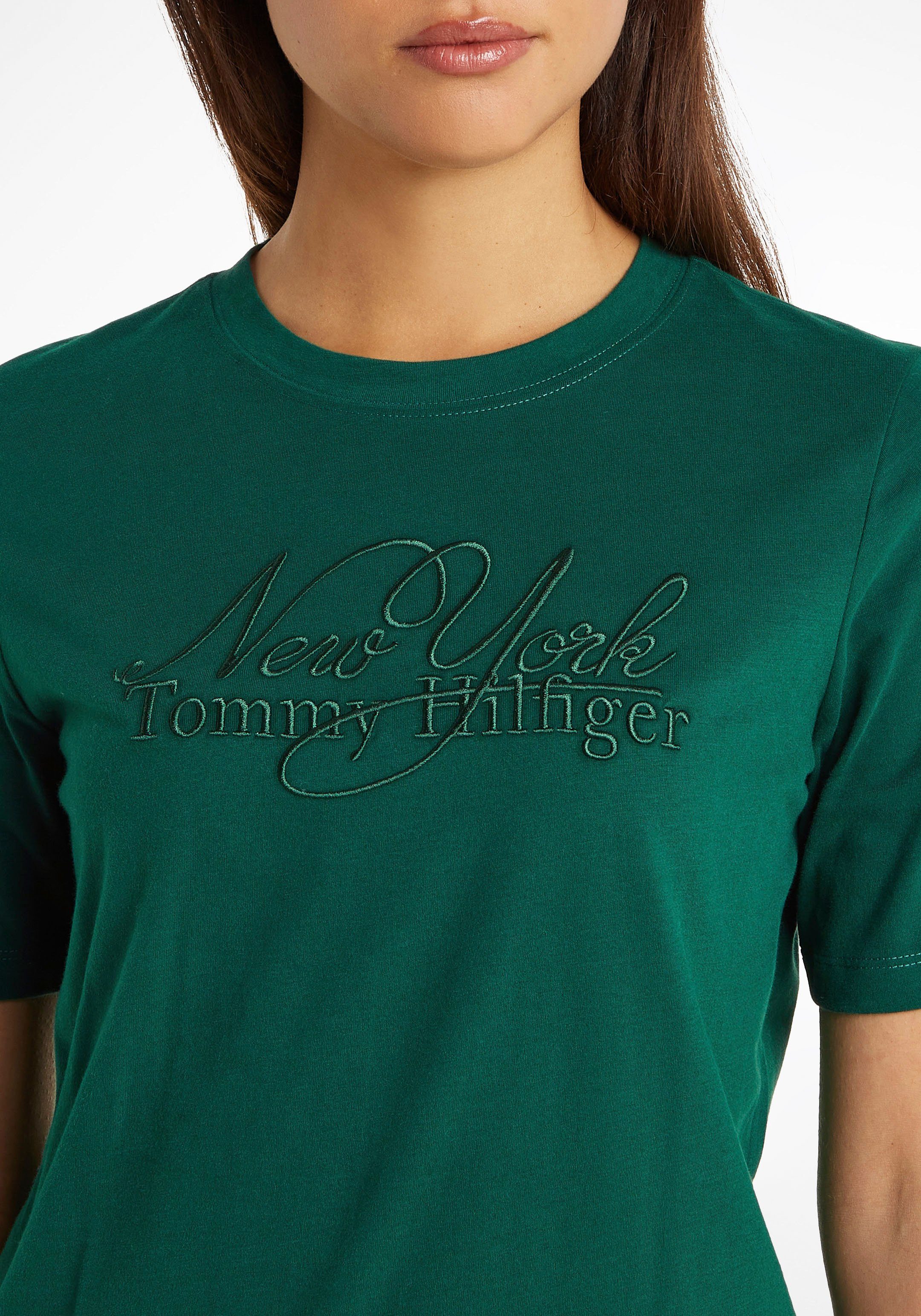 Tommy CTN Prep-Green C-NK Hilfiger Hilfiger T-Shirt REG NY mit Markenlabel SS Tommy BRUSHED
