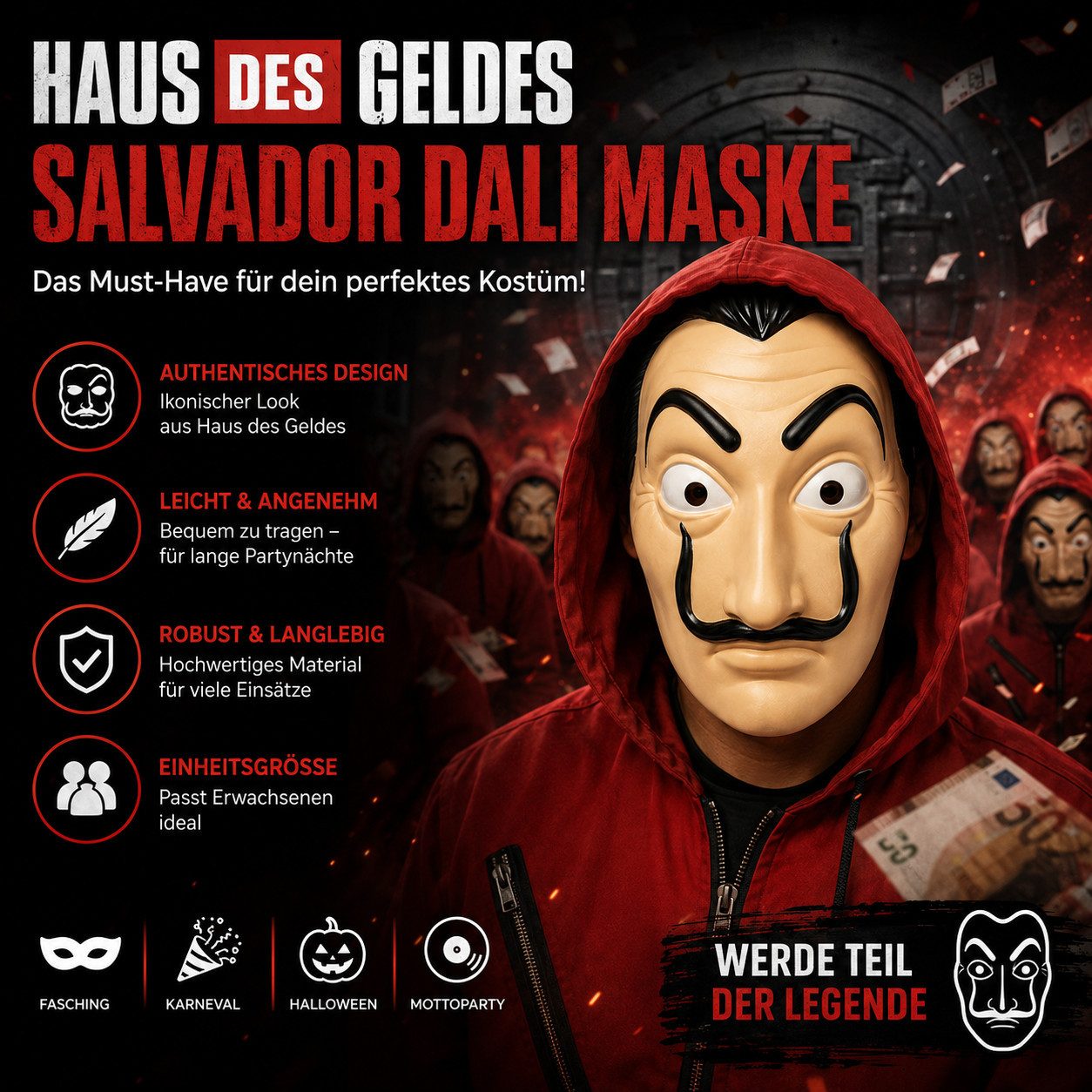 Kostümheld® Verkleidungsmaske 1x Maske Haus des Geldes casa del papel Bella Ciao Haus Kostüm, (1er Set, 1-tlg., 1-teilig)
