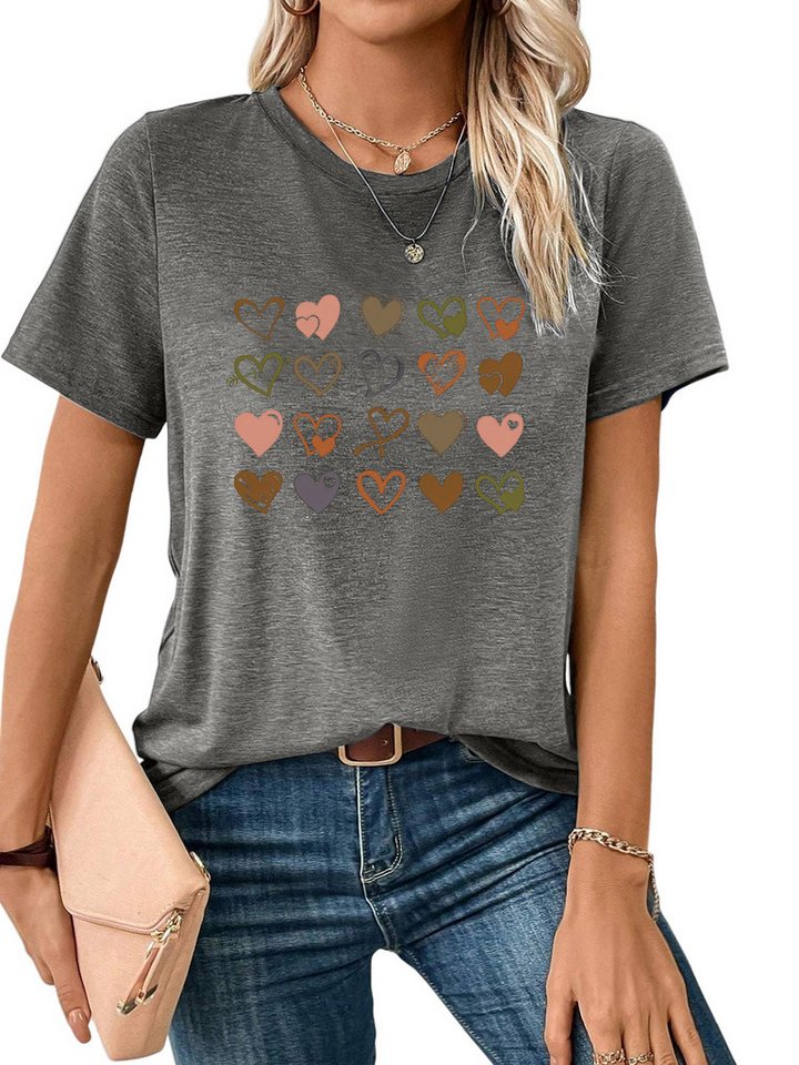 PYLIKE Kurzarmshirt Shirts Damen Casual Doodle-Herzen Druck bequemes t shirt Bequem für Freizeit und Büro,Strandurlaub