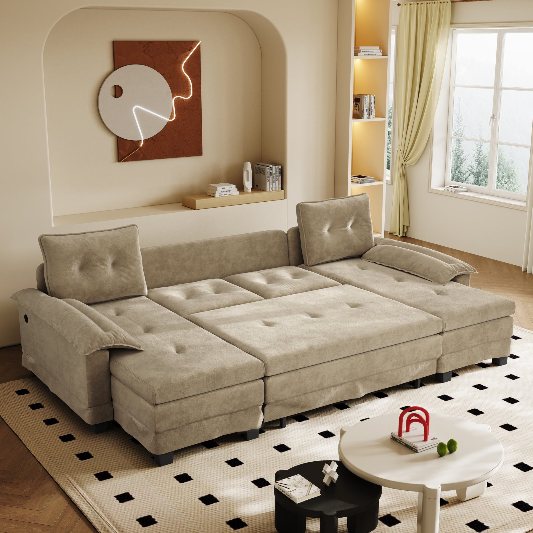Odikalo Schlafsofa Schlafcouch Tagesbett Loungesofa mit USB, 278 cm U-förmiges Convertible Sectional Couch with Pull-Out Bed mit USB-Ladefunktion abnehmbaren Armlehnen Extragroßes modulares Design modernes Wohnzimmer-Sofa