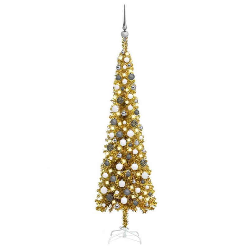 vidaXL LED Baum Weihnachtsbaum Schlank mit LEDs & Kugeln Golden 150 cm