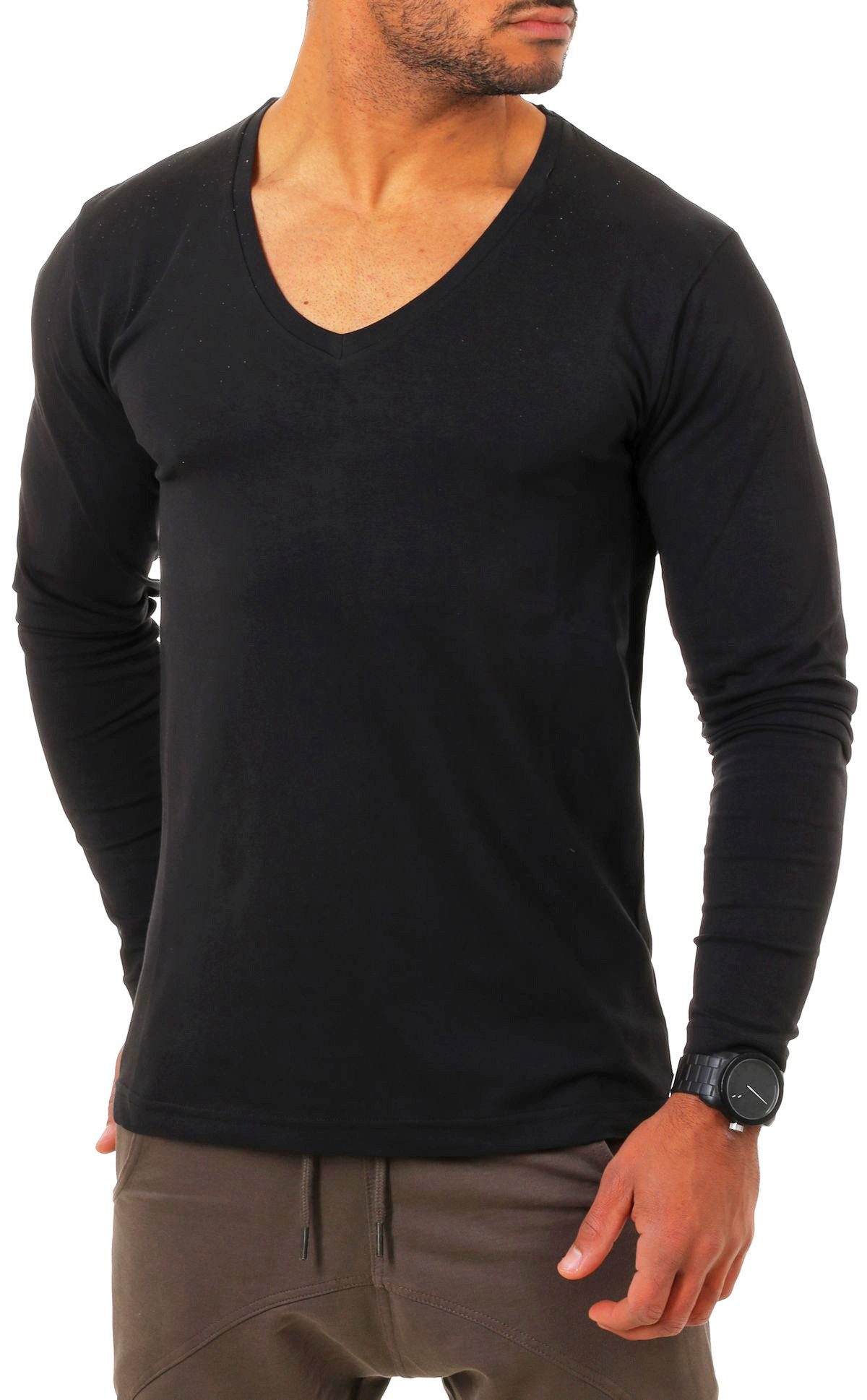 Young & Rich Langarmshirt Herren Uni Basic tiefer V-Ausschnitt Longsleeve Unterziehshirt 2239 V-Ausschnitt unifarben langarm slim fit