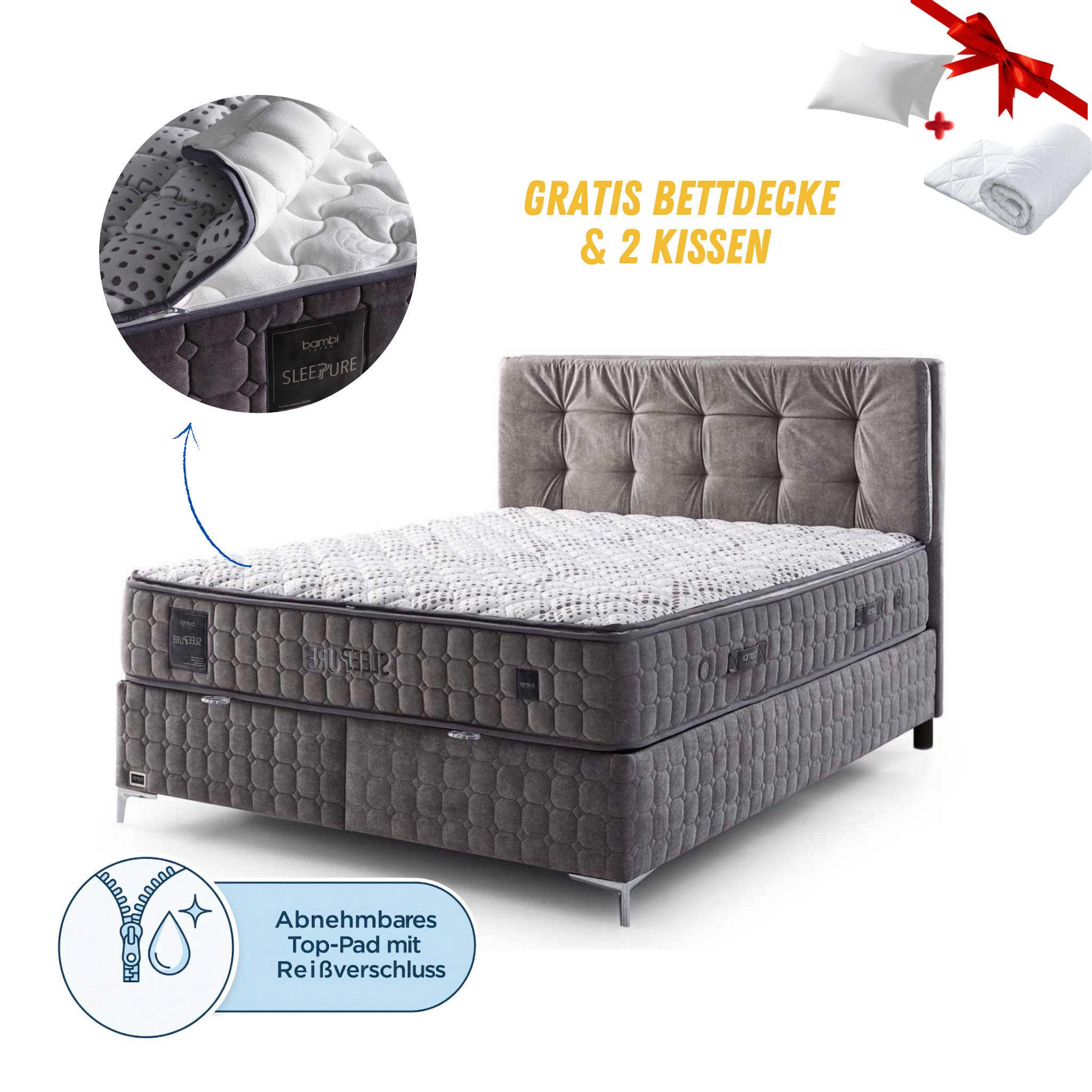Bambi Boxspringbett Boxspringbett mit Matratze und Kopfteile Topper mit Reißverschluss (2 Bettkästen + Matratze + Kopfteil, (2 Bettkästen, Matratze und Kopfteile), Außenfläche mit Reißverschluss Waschbar