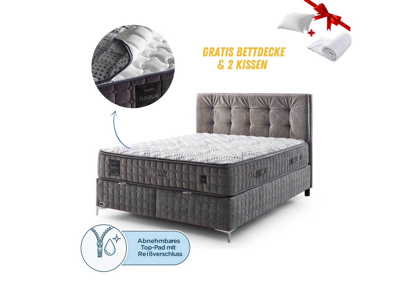gowoll Boxspringbett Boxspringbett mit Matratze und Kopfteile Topper mit Reißverschluss (2 Bettkästen + Matratze + Kopfteil, (2 Bettkästen, Matratze und Kopfteile), Außenfläche mit Reißverschluss Waschbar