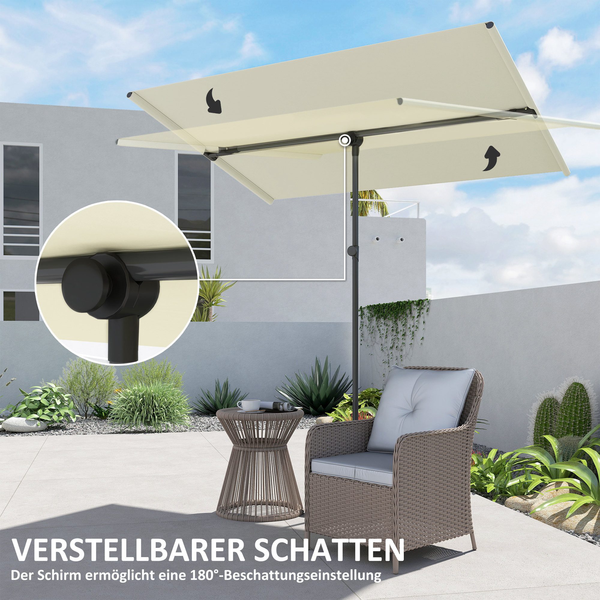Outsunny Sonnenschirm 180 Grad drehbar, mit Aluminium-Mast, LxB: 205x150 cm, höhenverstellbar Gartenschirm, Marktschirm, für Balkon, 150x205cm Beige