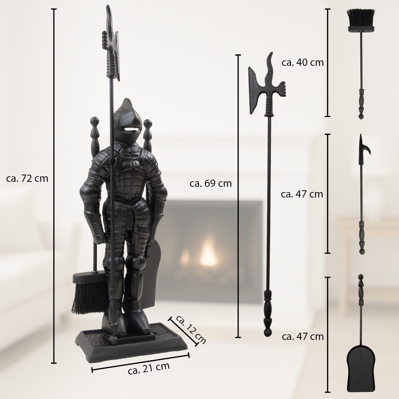 TRUTZHOLM Kamingarnitur Kaminbesteck Ritter 4-teilig Schaufel, Besen, Schürhaken, Hellebarde, (Set, 4-St), Schürhaken