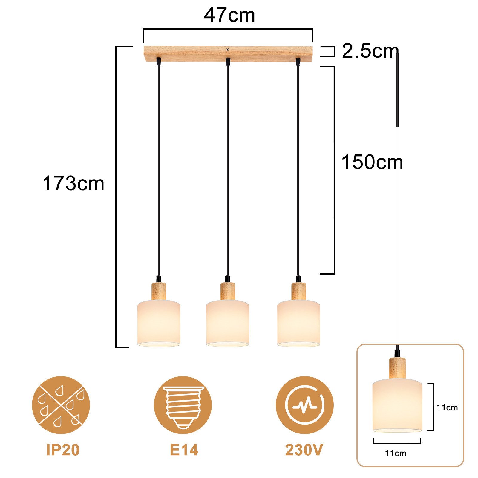 ZMH Pendelleuchte Esszimmer 3 Flammig Weiß E14 Hängeleuchte Vintage Holz Treppenhaus, Einfache Installation, ohne Leuchtmittel, Weiß Rustikal Stoffschirm für Küche Wohnzimmer