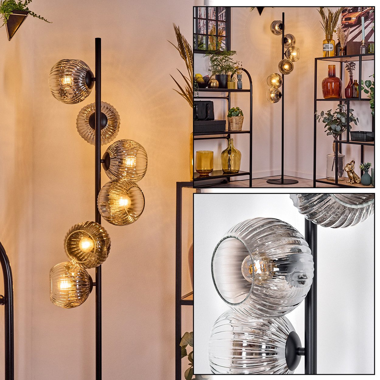 Stehlampe Stehlampe aus Metall/Riffelglas in Schwarz/Chrom/Rauch/Klar