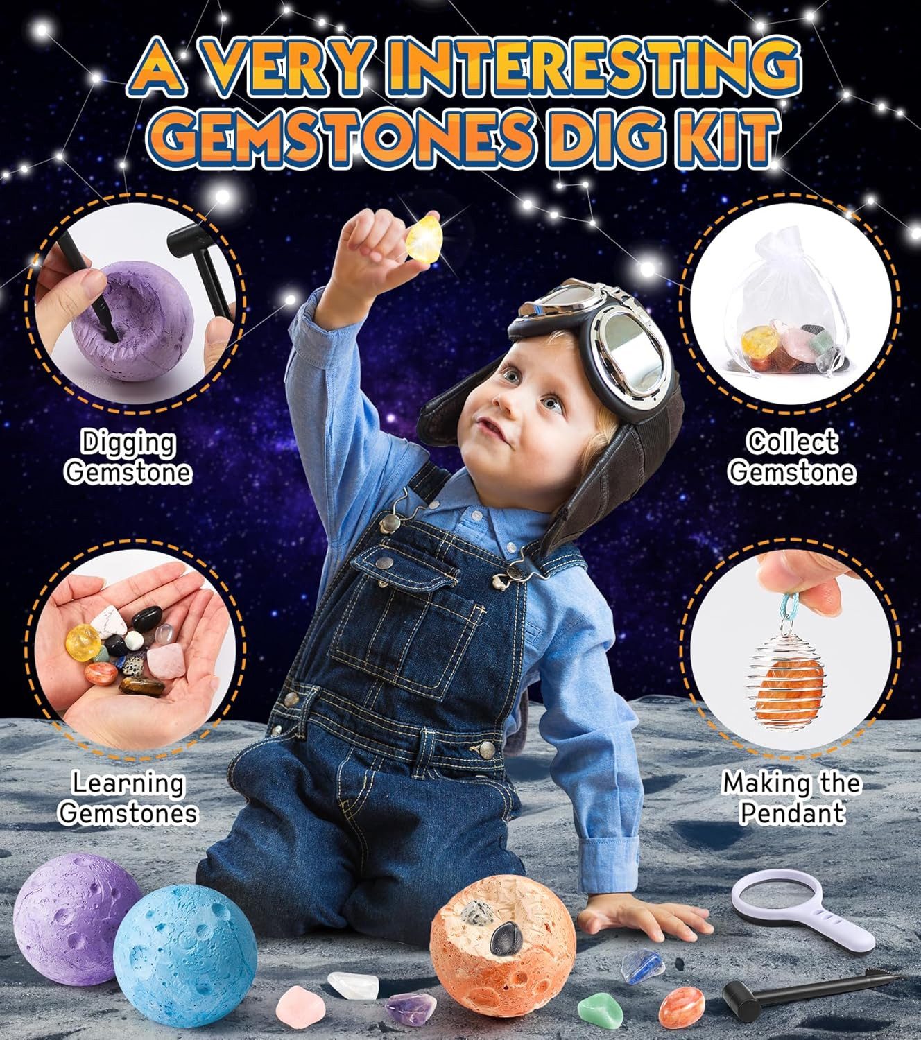 POPOLIC Gemstone Experiment Kit for Children - Excavation Set for Children Ages 6, 7, 8, 9, 10 (1-piece, 15 Natural Gemstones and Crystals, Experiments for Ages 6+), Moon Treasure Hunt Toy, Gift for Boys and Girls