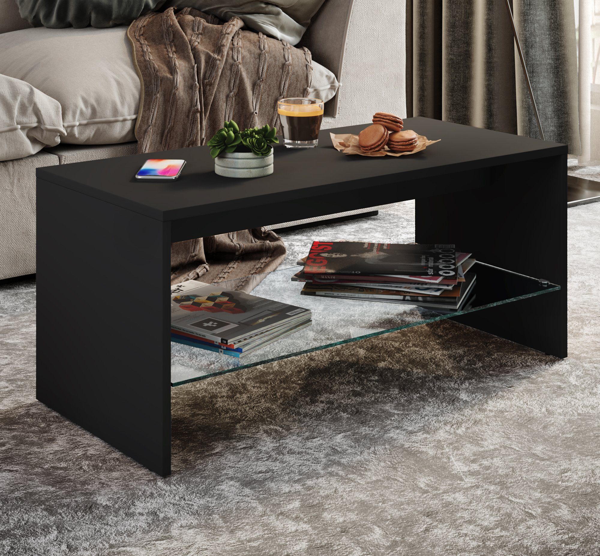 VCM Couchtisch Holz Sofatisch Glas Wisal Schublade Schwarz Couchtisch