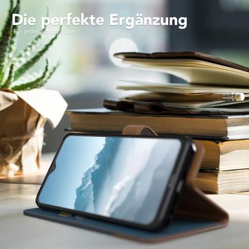 EAZY CASE Handyhülle Bookstyle Jeans für Xiaomi Redmi 8a 6,22 Zoll, Klappcase mit Standfunktion und Kartenfach Stoff Schutzhülle Blau