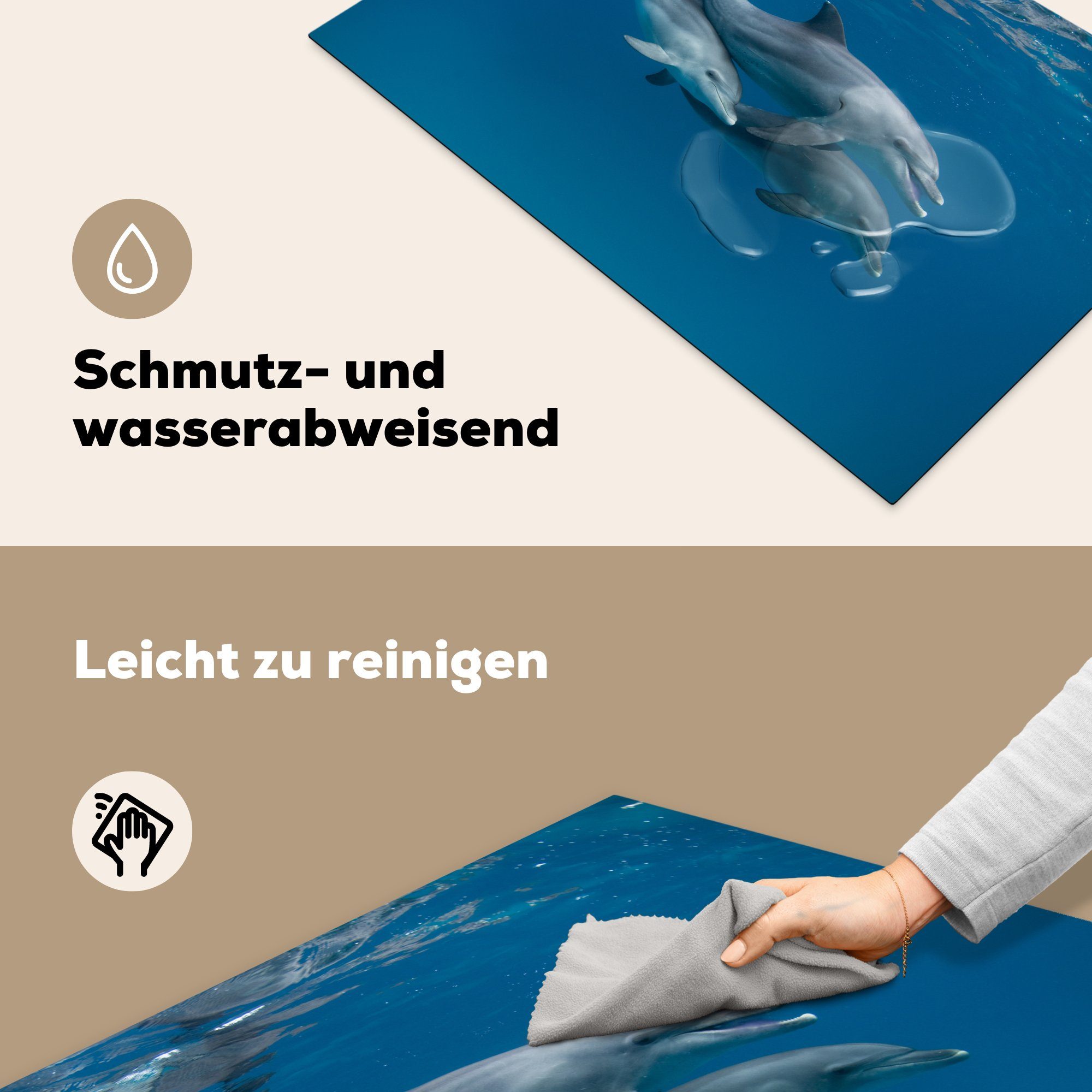 für MuchoWow - tlg), Herdblende-/Abdeckplatte Delfine die - Blau, Meer (1 Schutz Ceranfeldabdeckung Induktionskochfeld cm, Vinyl, küche, 81x52