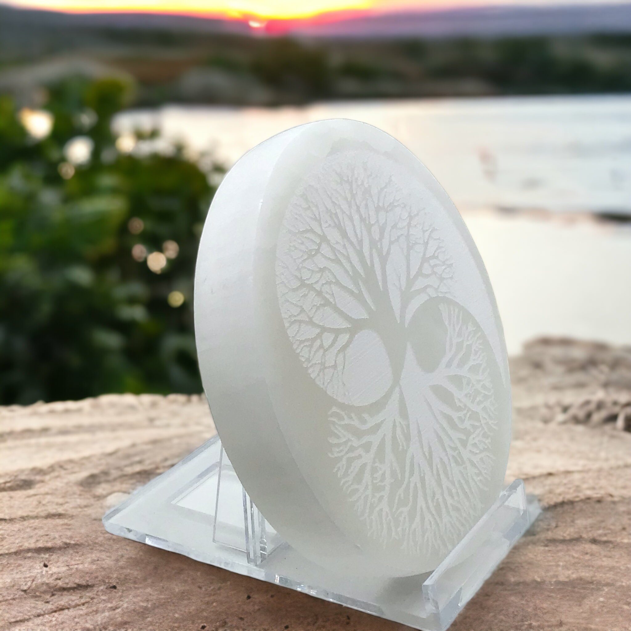 Steinfixx® Dekoobjekt Selenit Platte mit Gravur Yin-Yang oder Baum des Lebens (Set, 1 Platte mit Acrylständer 10 oder 13,5 cm), handgraviert und poliert
